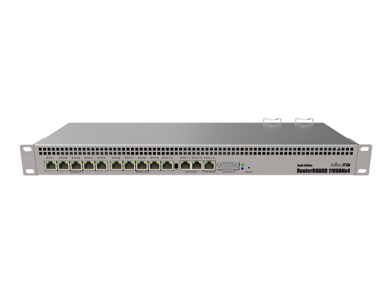 Mikrotik Wired Ethernet Router RB1100x4, 1U Rackmount, Quad core 1.4GHz CPU, 1 GB RAM, 128 MB, 13xGigabit LAN, 1xSerial console port RS232, PCB Temperature and Voltage Monitor, IP20, RouterOS L6 | Wired Ethernet Router | RB1100AHx4 | No Wi-Fi | 10/100/1000 Mbit/s | Ethernet LAN (RJ-45) ports 13 | Mesh Support No | MU-MiMO No | No mobile broadband | 12 month(s)