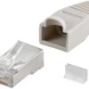 Goobay 68746  RJ45 plug, CAT 5e STP shielded with strain-relief boot, grey | for round cable with Threader   cable lead in 6.4 mm single packed (1 set per polybag)  Technical specifications  Connections  Connection, type  RJ45 male (8P8C)   Connection, contact material  gold-plated 3µ   Contacting  8 Pin   Cable  Specification  CAT 5e   Shielding class  STP   AWG  26-24   General  Consumption Unit  10 pcs. polybag   Color  grey