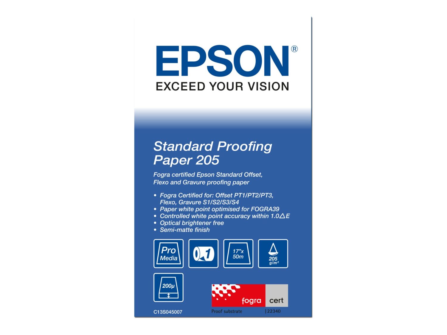 C13S045007 | White | 205 g/m² | 432 mm x 50 m | Bond Paper Bright