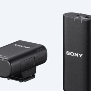 Sony | Wireless Bluetooth Microphone | ECM-W2BT | Omnidirectional; Clear, cable-free digital transmission; High-quality audio transmission from microphone to receiver; 9 hours battery life; Stable, uninterrupted audio recording; Safeguards to prevent recording failures; Product image showing the 3.5mm stereo mini-jack on top of the transmitter Expandability with 3.5mm stereo mini-jack