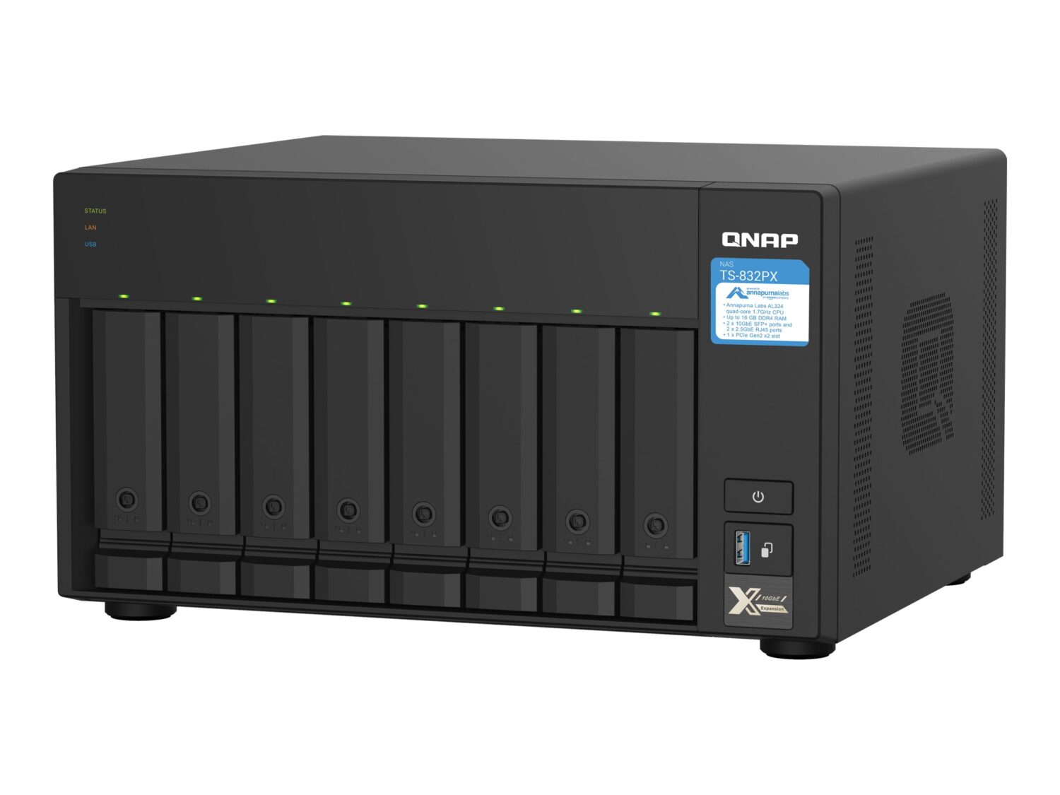 QNAP | 8-Bay QTS NAS | TS-832PX-4G | Up to 8 HDD/SSD Hot-Swap | AnnapurnaLabs Alpine | AL324 ARM Cortex-A57 Quad-Core | Processor frequency 1.7 GHz | 4 GB | DDR4