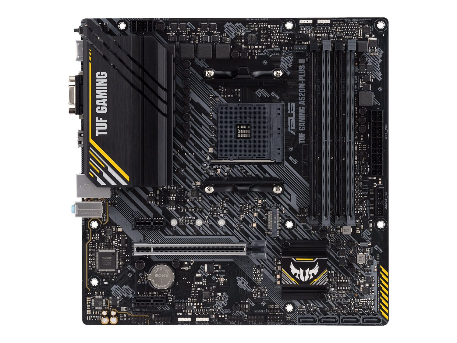 Asus | TUF GAMING A520M-PLUS II | Processor family AMD | Processor socket AM4 | DDR4 DIMM | Memory slots 4 | Supported hard disk drive interfaces 	SATA, M.2 | Number of SATA connectors 4 | Chipset  AMD A520 | Micro ATX