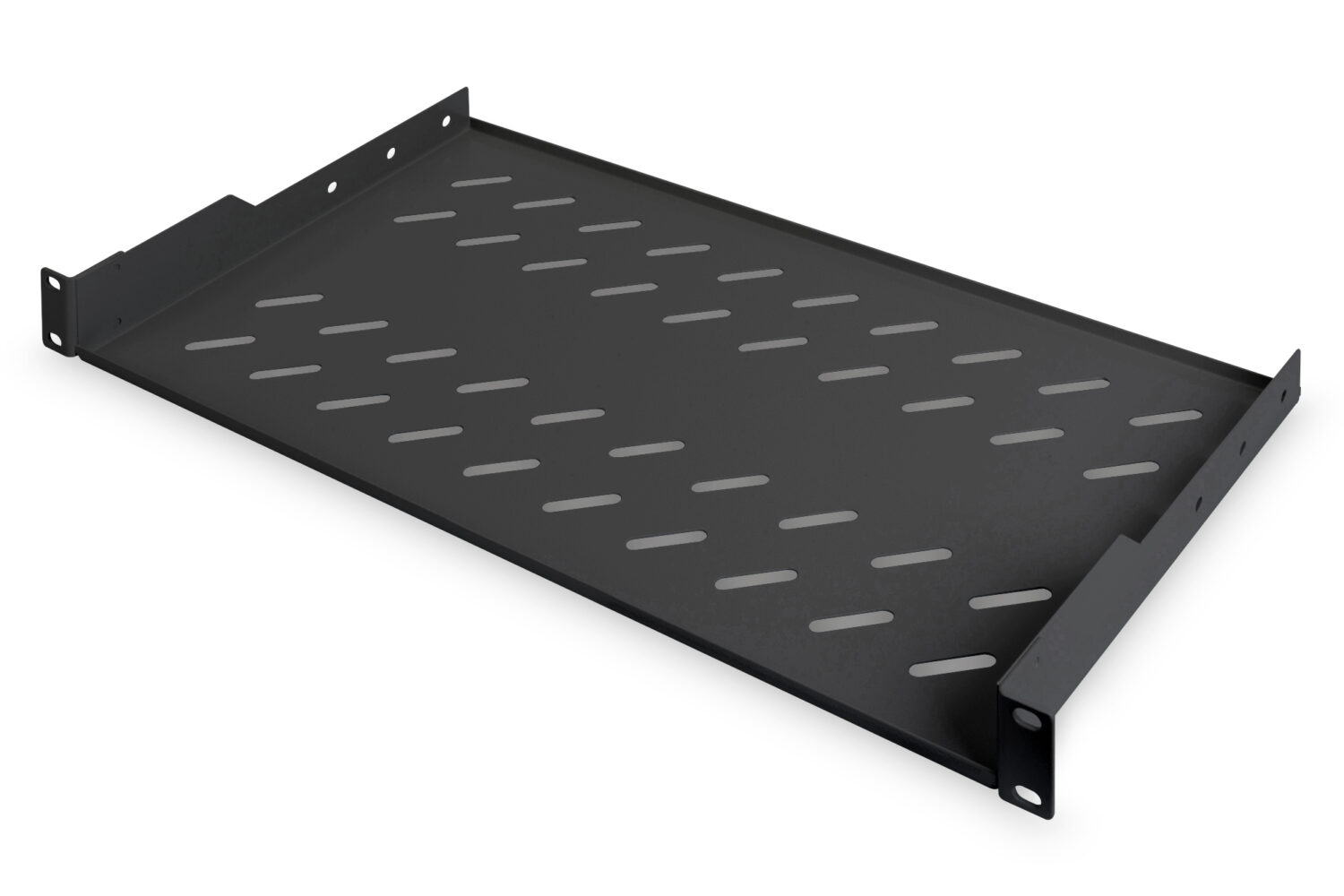 Digitus | Fixed Shelf for Racks | DN-19 TRAY-1-SW | Black | The shelves for fixed mounting can be installed easy on the two front 483 mm (19“) profile rails of your 483 mm (19“) network- or server cabinet. Due to their stable, perforated steel sheet with a high load capacity, they are the optimal surface for components which are not 483 mm (19”) suitable