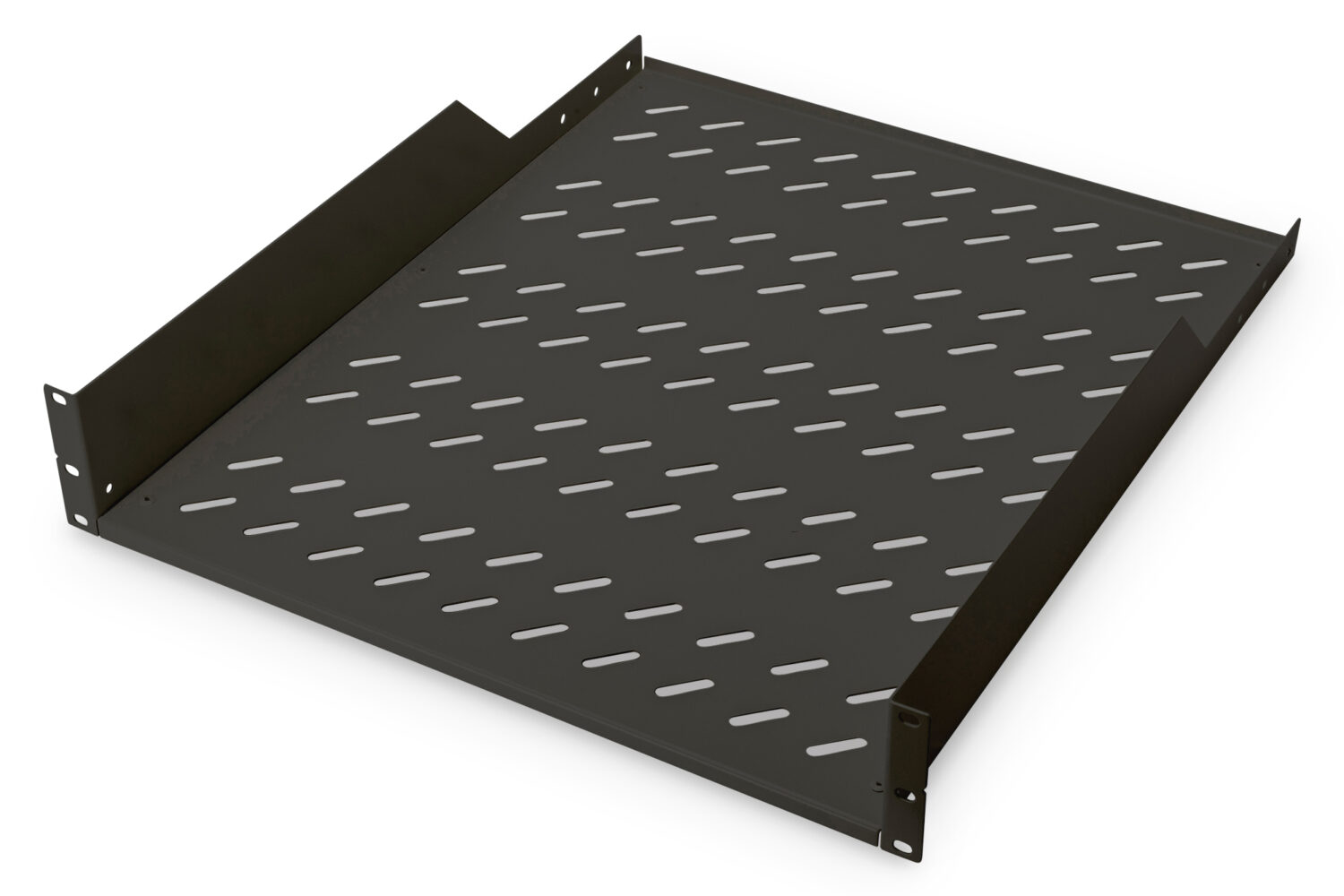 Digitus | Fixed Shelf for Racks | DN-19 TRAY-2-55-SW | Black | The shelves for fixed mounting can be installed easy on the two front 483 mm (19“) profile rails of your 483 mm (19“) network- or server cabinet. Due to their stable, perforated steel sheet with a high load capacity, they are the optimal surface for components which are not 483 mm (19”) suitable.