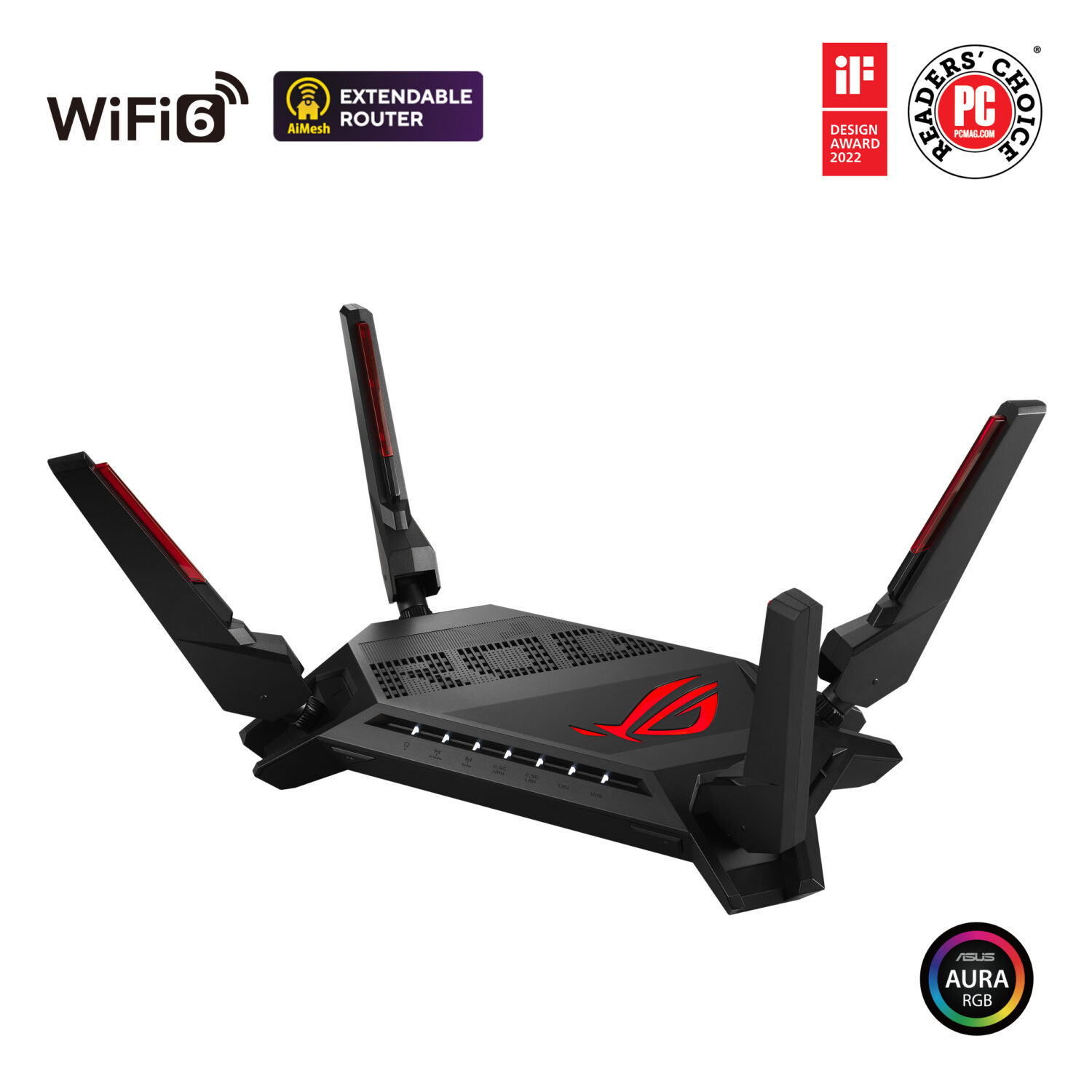 Dual-Band Gigabit Gaming Router | ROG Rapture GT-AX6000 | 802.11ax | 1148+4804 Mbit/s | 10/100/1000/2500 Mbit/s | Ethernet LAN (RJ-45) ports 6 | Mesh Support Yes | MU-MiMO Yes | 3G/4G via optional USB adapter | Antenna type External | 1xUSB 3.2 Gen 1, 1xUSB 2.0