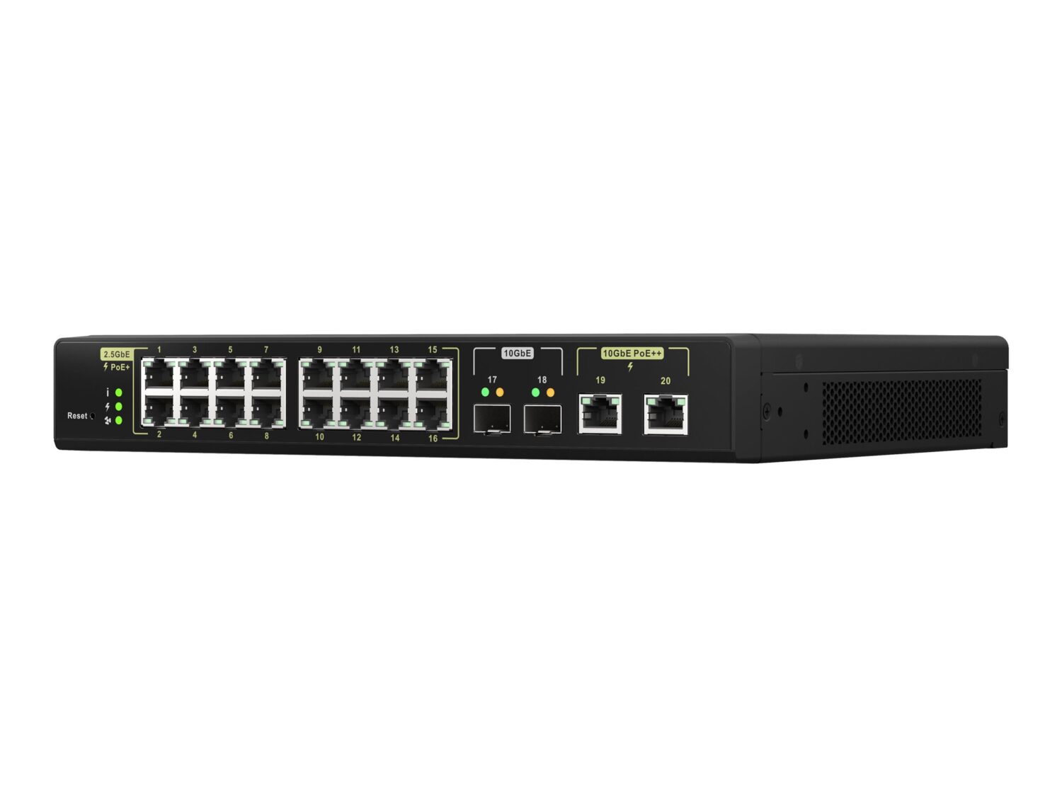 QNAP | 16 ports 2.5GbE RJ45 with PoE 802.3at (30W), 2 ports 10GbE SFP+, 2 ports 10GbE RJ45 with PoE 802.3bt (90W) | QSW-M2116P-2T2S | Web managed | Rackmountable | Power supply type Internal