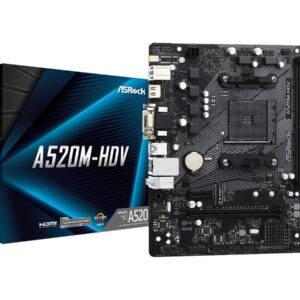 ASRock | A520M-HDV | Processor family AMD | Processor socket AM4 | DDR4 DIMM | Memory slots 2 | Supported hard disk drive interfaces 	SATA, M.2 | Number of SATA connectors 4 | Chipset AMD A520 | Micro ATX