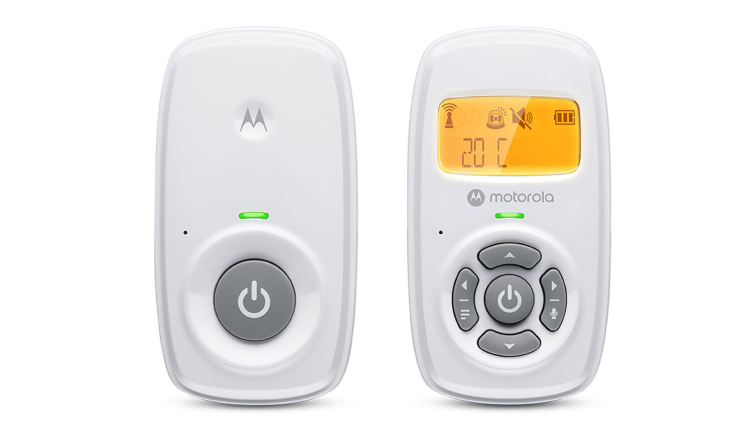 Motorola | Audio Baby Monitor | AM24 | 1.5” LCD black and white display with orange backlight; 1.5” LCD black and white display with orange backlight; Connect one baby unit to two parent units to monitor from different rooms; Rechargeable portable parent unit with 10 hours playtime; Two-way talk with high-sensitivity microphone; Room temperature monitoring | White
