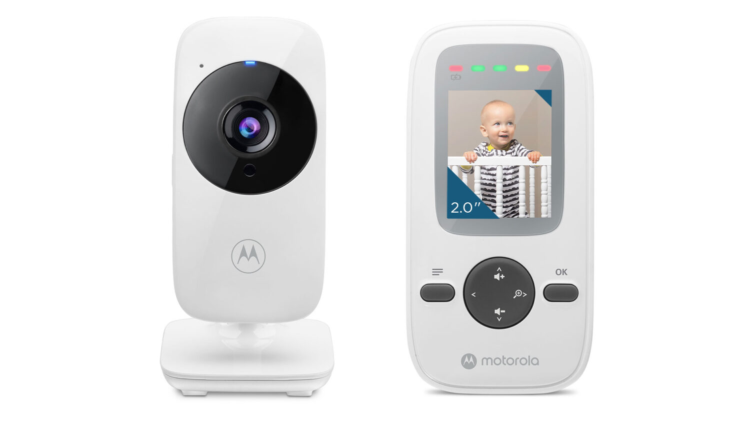 Motorola | Video Baby Monitor | VM481 2.0" | 2.0" diagonal color screen; LED sound level indicator; Infrared night vision; 2.4GHz FHSS wireless technology for in-home viewing; Digital zoom; High sensitivity microphone; Rechargeable parent unit; Secure and private connection | White