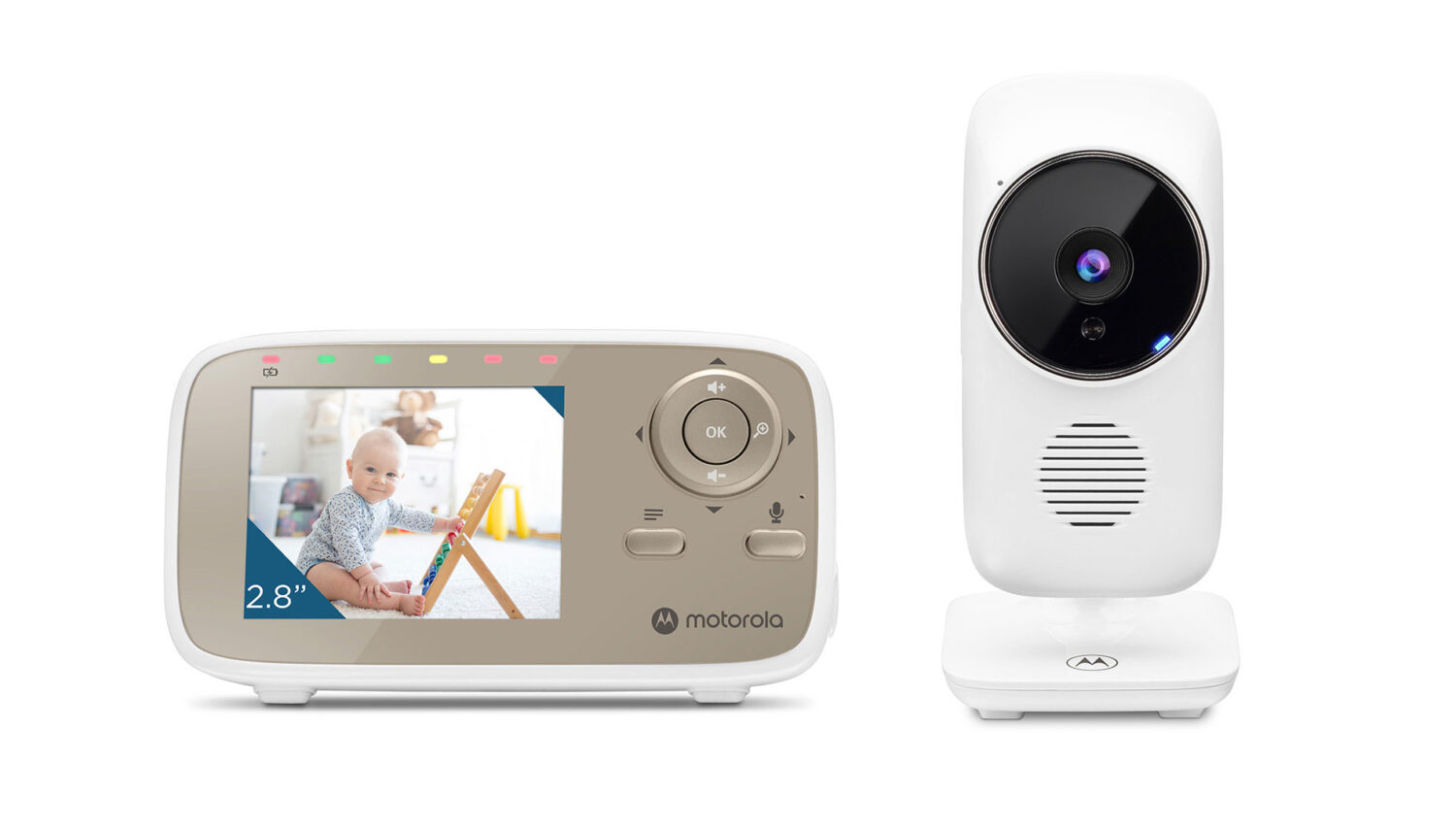 Motorola | Video Baby Monitor | VM483 2.8" | 2.8" LCD colour display with 480 x 272px resolution; 2.4 GHz FHSS Wireless technology for in-home viewing;  2.8" LCD colour display with 480 x 272px resolution 2.4 GHz FHSS Wireless technology for in-home viewing 2,000 mAh rechargeable battery with 5 hours playtime; Digital zoom x 2; Infrared night vision; Sound level indicator | White/Gold