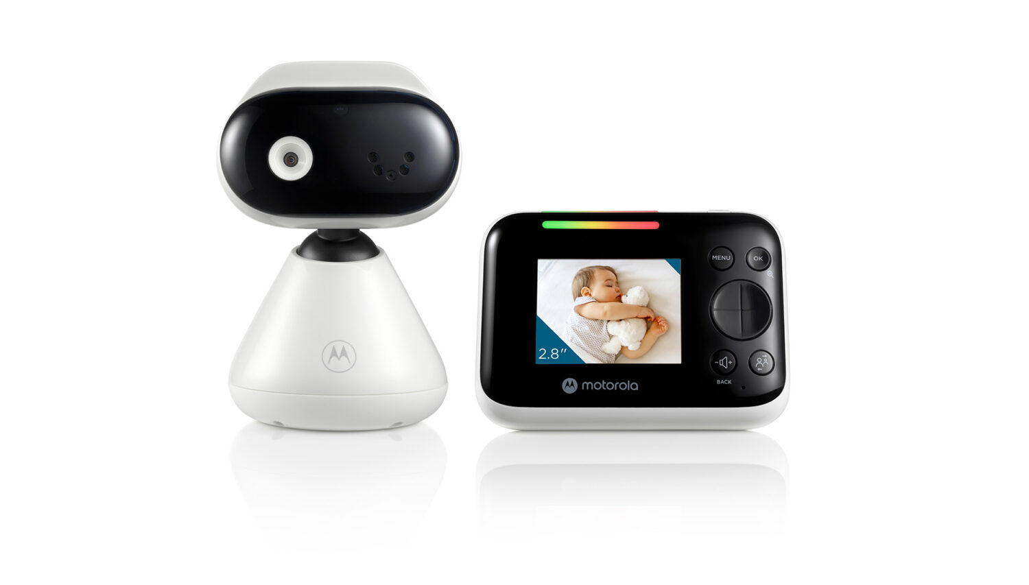 Motorola | Video Baby Monitor | PIP1200 2.8" | 2.8" diagonal color screen; 2.4GHz FHSS wireless technology for in-home viewing; Digital zoom; Secure and private connection; LED sound level indicator; Two-way talk; Room temperature monitoring; Infrared night vision; High sensitivity microphone; Rechargeable parent unit; Wall Mount (using bracket provided) | White/Black