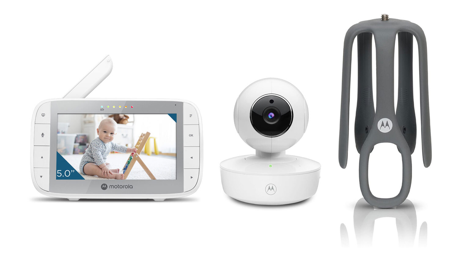 Motorola | Portable Video Baby Monitor with Flexible Crib Mount | VM55 5.0" | 5" LCD colour display with 480 x 272px resolution; 5 preloaded lullabies; Remote pan, tilt and zoom; Two-way talk; Room temperature monitoring; Infrared night vision; LED sound level indicator; 2.4GHz FHSS wireless technology for in-home viewing; High sensitivity microphone; Rechargeable parent unit; Secure and private connection | White