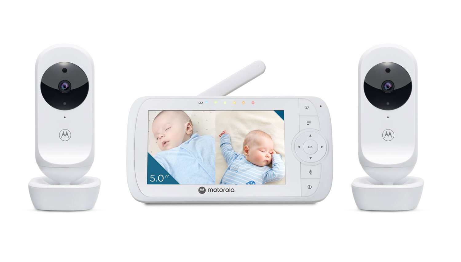 Motorola | Video Baby Monitor - Two camera pack | VM35-2 5.0" | 5.0" diagonal color screen; 5 x preloaded lullabies; Two-way talk; Room temperature monitoring; Infrared night vision; LED sound level indicator; 2.4GHz FHSS wireless technology for in-home viewing; Digital zoom x 2; High sensitivity microphone; Rechargeable parent unit; Secure and private connection; Split-screen viewing | White