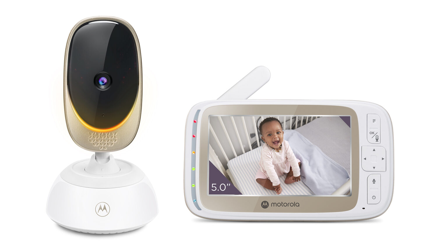 Motorola | Wi-Fi Video Baby Monitor with Mood Light | VM85 CONNECT 5.0" | 5" TFT color display with 480 x 272 resolution; Lullabies; Two-way talk; Room temperature monitoring; Infrared night vision; LED sound level indicator; Wi-Fi connectivity for on-the-go viewing; 2.4GHz FHSS  wireless technology for in-home viewing; Remote pan scan, digital tilt and zoom; Remote pan scan, digital tilt and zooml; High sensitivity microphone; Secure and private connection; Multi-color mood light | White/Gold