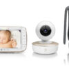 Motorola VM855 CONNECT 5.0” Portable Wi-Fi Video Baby Monitorwith Flexible Crib Mount, White/Gold | Motorola | Portable Wi-Fi Video Baby Monitor with Flexible Crib Mount | VM855 CONNECT 5.0” | 5" TFT color display with 480 x 272 resolution; Lullabies; Two-way talk; Room temperature monitoring; Infrared night vision; LED sound level indicator; Wi-Fi connectivity for on-the-go viewing; 2.4GHz FHSS  wireless technology for in-home viewing; Remote pan scan, digital tilt and zoom; High sensitivity microphone; Secure and private connection; Rechargeable parent unit | White/Gold
