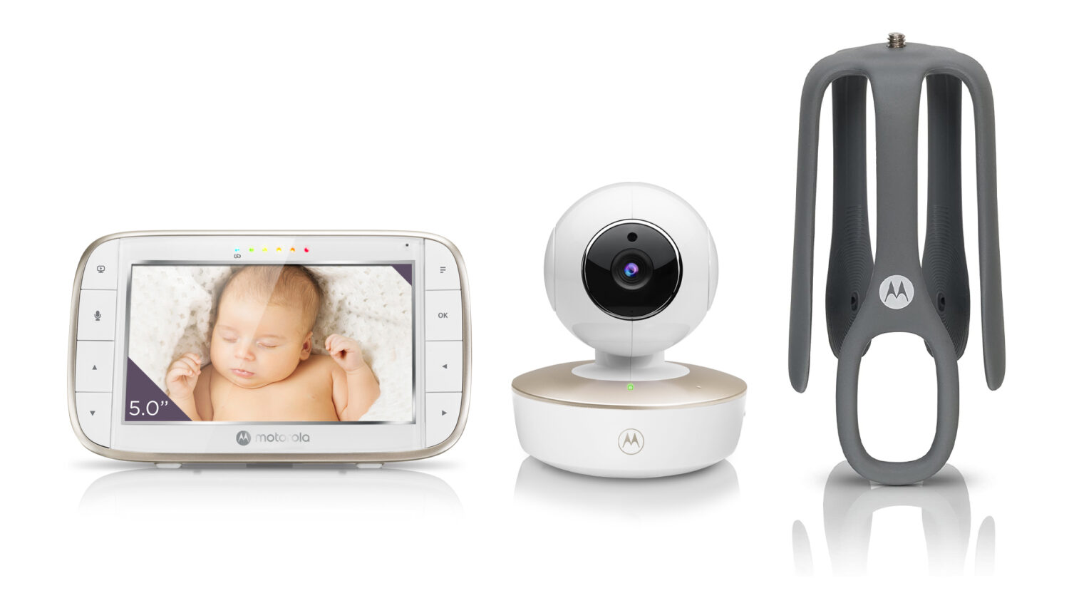 Motorola VM855 CONNECT 5.0” Portable Wi-Fi Video Baby Monitorwith Flexible Crib Mount, White/Gold | Motorola | Portable Wi-Fi Video Baby Monitor with Flexible Crib Mount | VM855 CONNECT 5.0” | 5" TFT color display with 480 x 272 resolution; Lullabies; Two-way talk; Room temperature monitoring; Infrared night vision; LED sound level indicator; Wi-Fi connectivity for on-the-go viewing; 2.4GHz FHSS  wireless technology for in-home viewing; Remote pan scan, digital tilt and zoom; High sensitivity microphone; Secure and private connection; Rechargeable parent unit | White/Gold