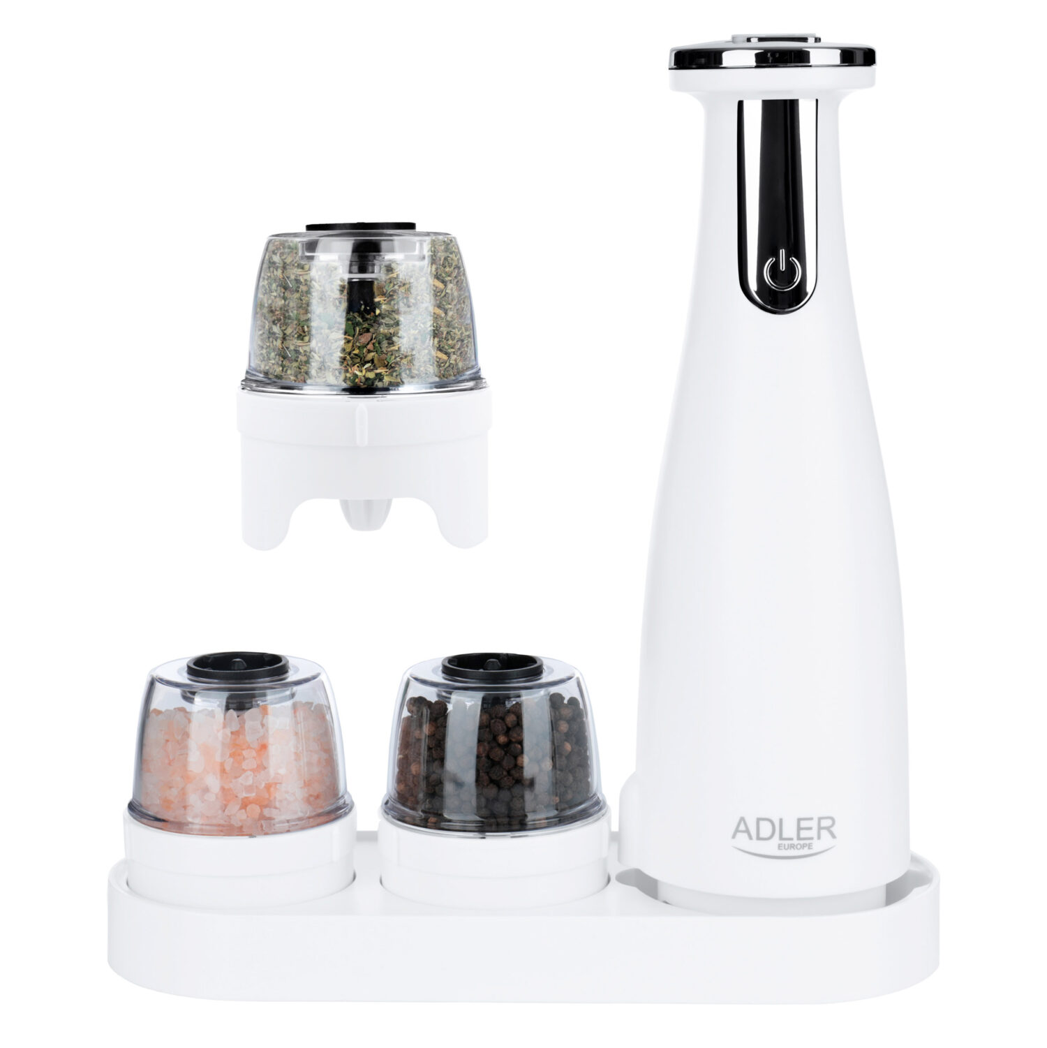 Adler | Electric Salt and pepper grinder | AD 4449w | Grinder | 7 W | Housing material ABS plastic | Lithium | Mills with ceramic querns; Charging light; Auto power off after: 3 minutes; Fully charged for 120 minutes of continuous use; Charging time: 2.5 hours; Cable charging: USB-C-USB-A; Grinder capacity: 150ml; Included: base, 3 replaceable grinders, tray, USB charging cable | Matte White