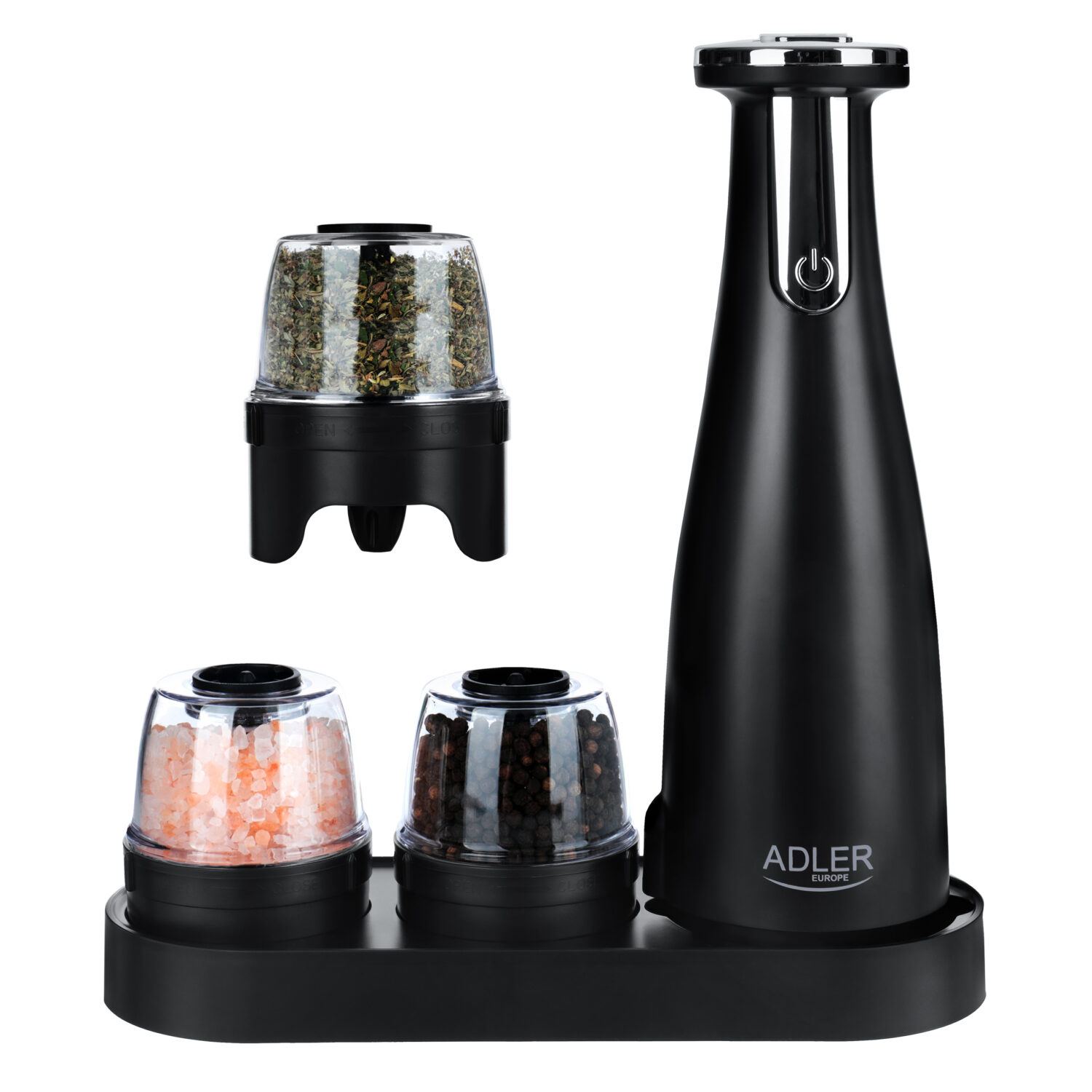 Adler | Electric Salt and pepper grinder | AD 4449b | Grinder | 7 W | Housing material ABS plastic | Lithium | Mills with ceramic querns; Charging light; Auto power off after: 3 minutes; Fully charged for 120 minutes of continuous use; Charging time: 2.5 hours; Cable charging: USB-C-USB-A; Grinder capacity: 150ml; Included: base, 3 replaceable grinders, tray, USB charging cable | Matte Black