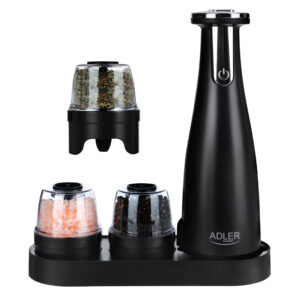 Adler | Electric Salt and pepper grinder | AD 4449b | Grinder | 7 W | Housing material ABS plastic | Lithium | Mills with ceramic querns; Charging light; Auto power off after: 3 minutes; Fully charged for 120 minutes of continuous use; Charging time: 2.5 hours; Cable charging: USB-C-USB-A; Grinder capacity: 150ml; Included: base, 3 replaceable grinders, tray, USB charging cable | Matte Black