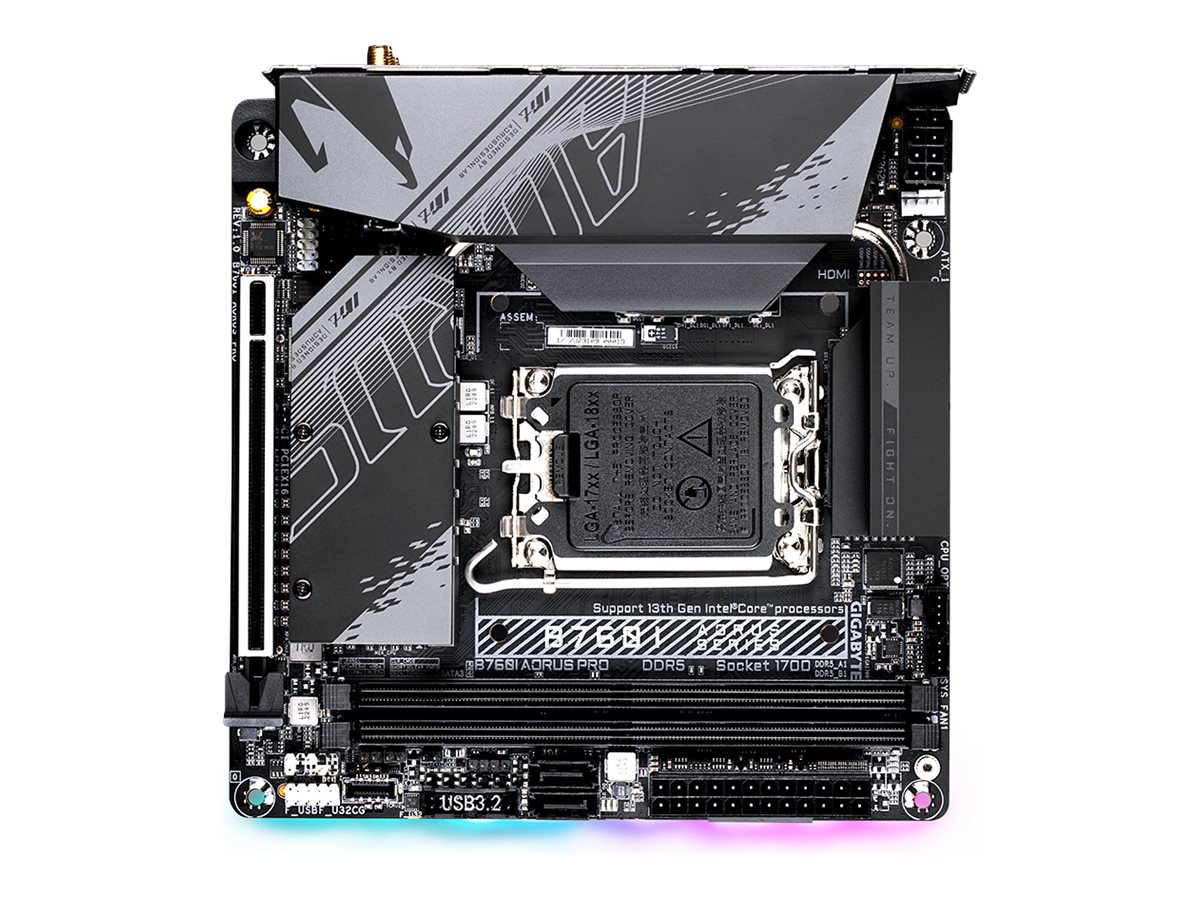 Gigabyte | B760I AORUS PRO 1.0 | Processor family Intel | Processor socket LGA1700 | DDR5 DIMM | Memory slots 2 | Supported hard disk drive interfaces SATA, M.2 | Number of SATA connectors 2 | Chipset Intel B760 Express | Mini-ITX