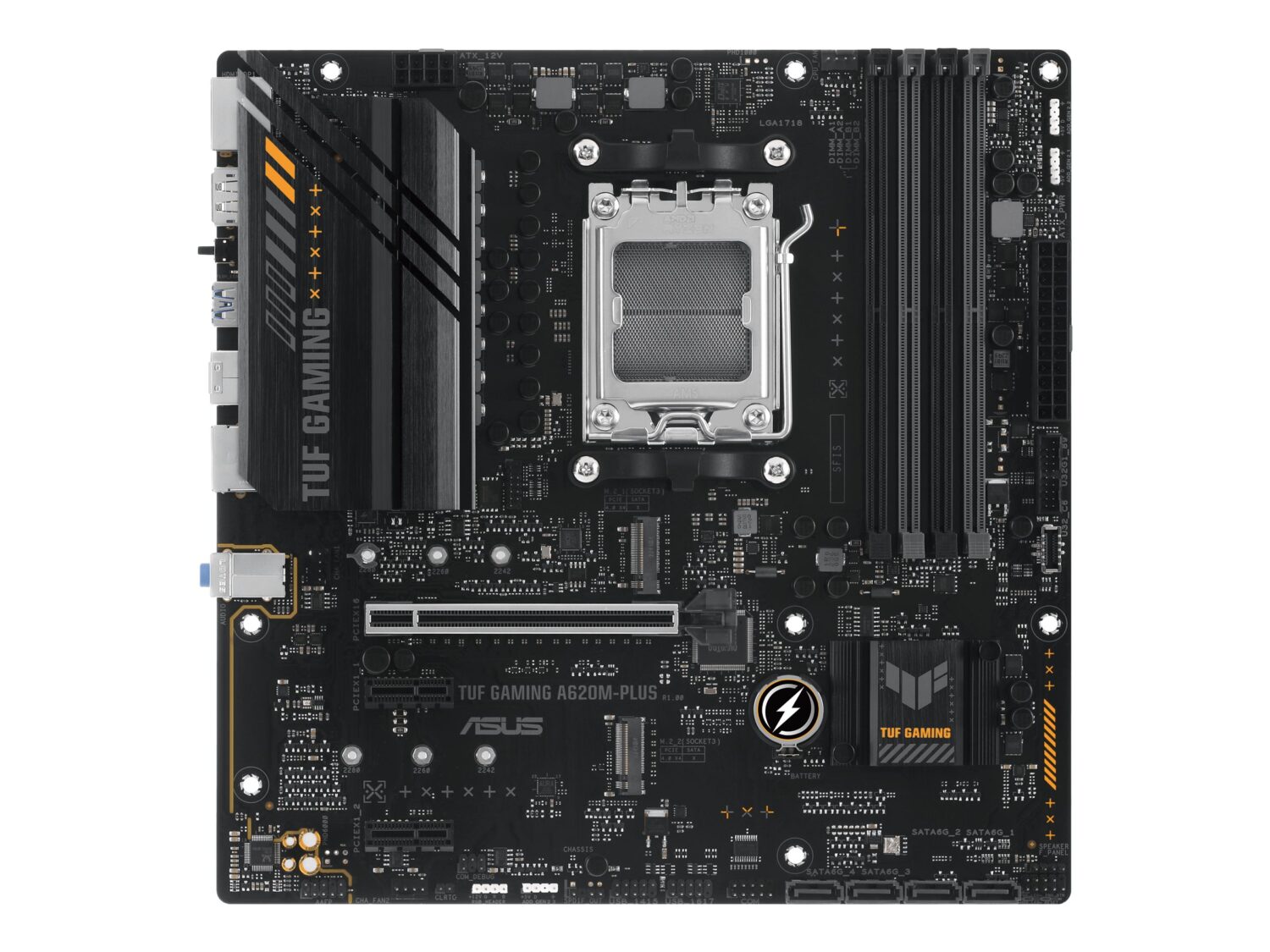 Asus | TUF GAMING A620M-PLUS | Processor family AMD | Processor socket AM5 | DDR5 DIMM | Memory slots 4 | Supported hard disk drive interfaces 	SATA, M.2 | Number of SATA connectors 4 | Chipset  AMD A620 | Micro-ATX