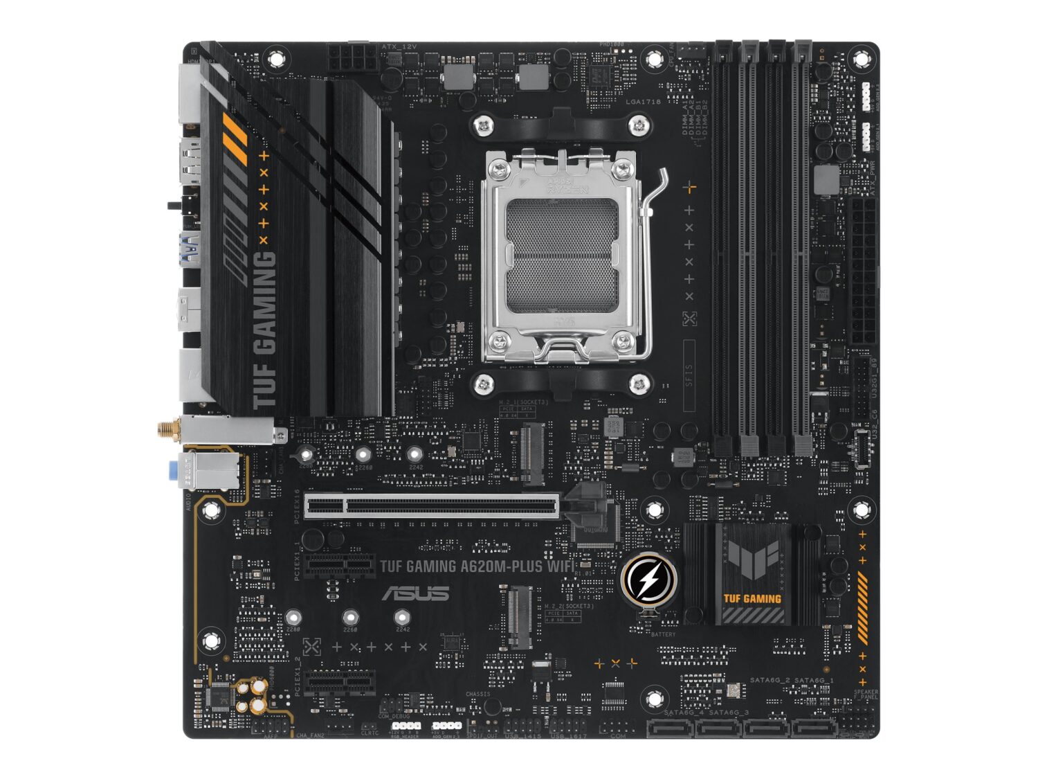 Asus | TUF GAMING A620M-PLUS WIFI | Processor family AMD | Processor socket AM5 | DDR5 DIMM | Memory slots 4 | Supported hard disk drive interfaces 	SATA, M.2 | Number of SATA connectors 4 | Chipset AMD A620 | Micro-ATX