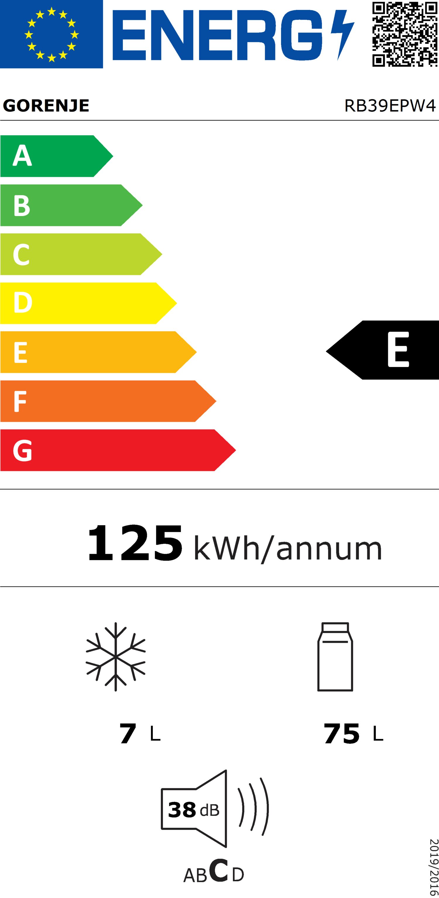 Gorenje Refrigerator | RB39EPW4 | Energy efficiency class E | Freestanding | Larder | Height 84.2 cm | 38 dB | White
