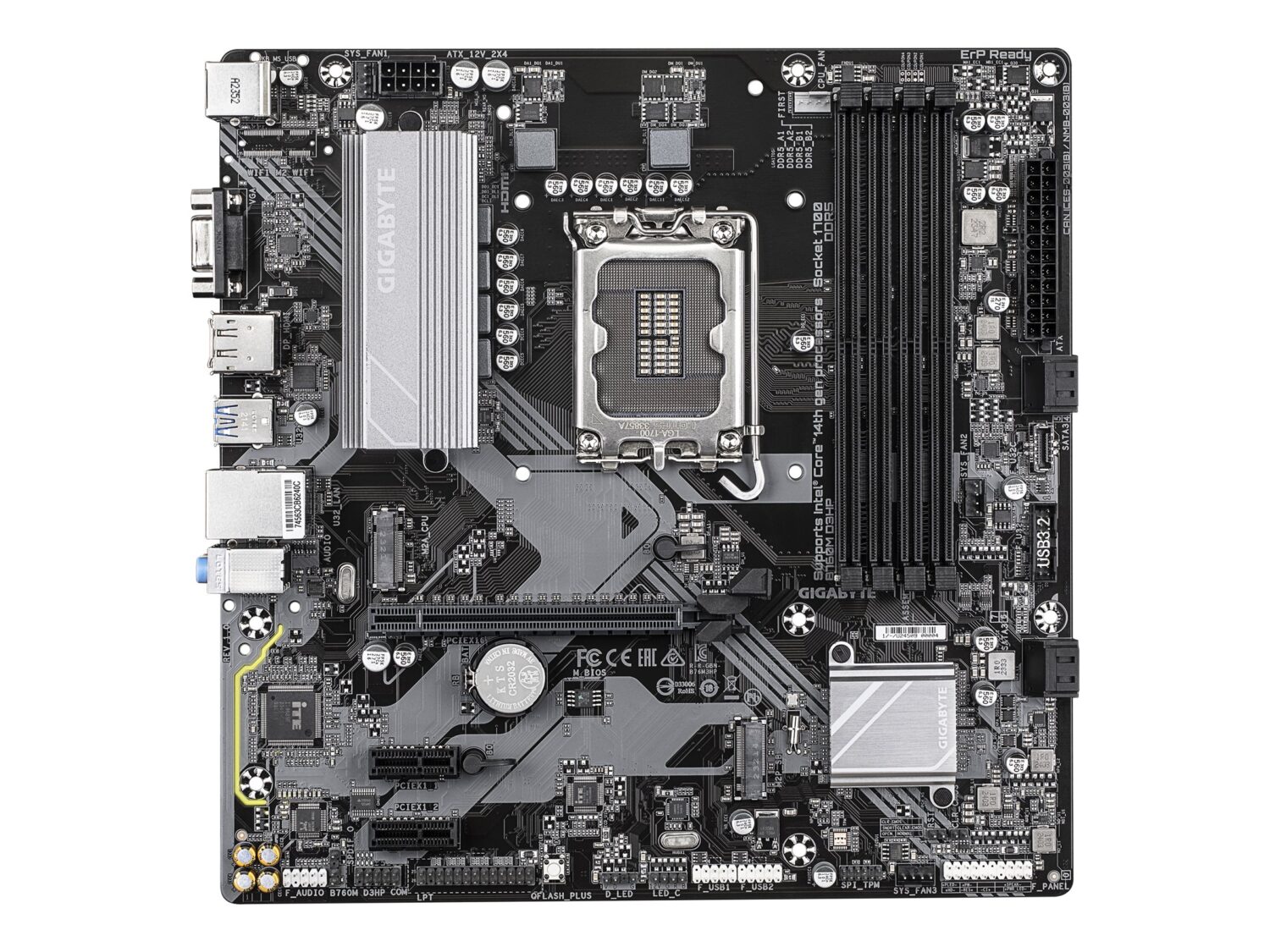 Gigabyte B760M D3HP | Processor family Intel | Processor socket LGA1700 | DDR5 | Supported hard disk drive interfaces M.2, SATA | Number of SATA connectors 4