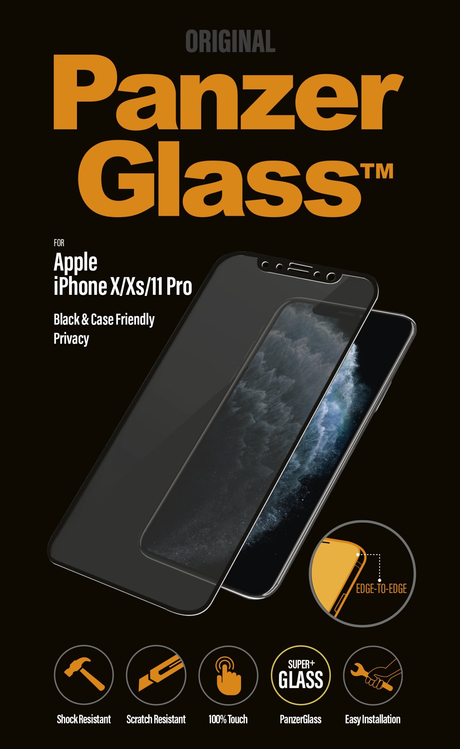 PanzerGlass | P2666 | Screen protector | Apple | iPhone X/Xs/11 Pro | Tempered glass | Black | Confidentiality filter; Full frame coverage; Anti-shatter film (holds the glass together and protects against glass shards in case of breakage); Case Friendly – compatible with all Cases; Anti-glare coating (reduces light reflection); Blue light reduction; Easy Installation with full adhesive; Oleophobic layer (anti-bacterial + anti-fingerprint); 100% touch preservation; Maintains all phone functionalities