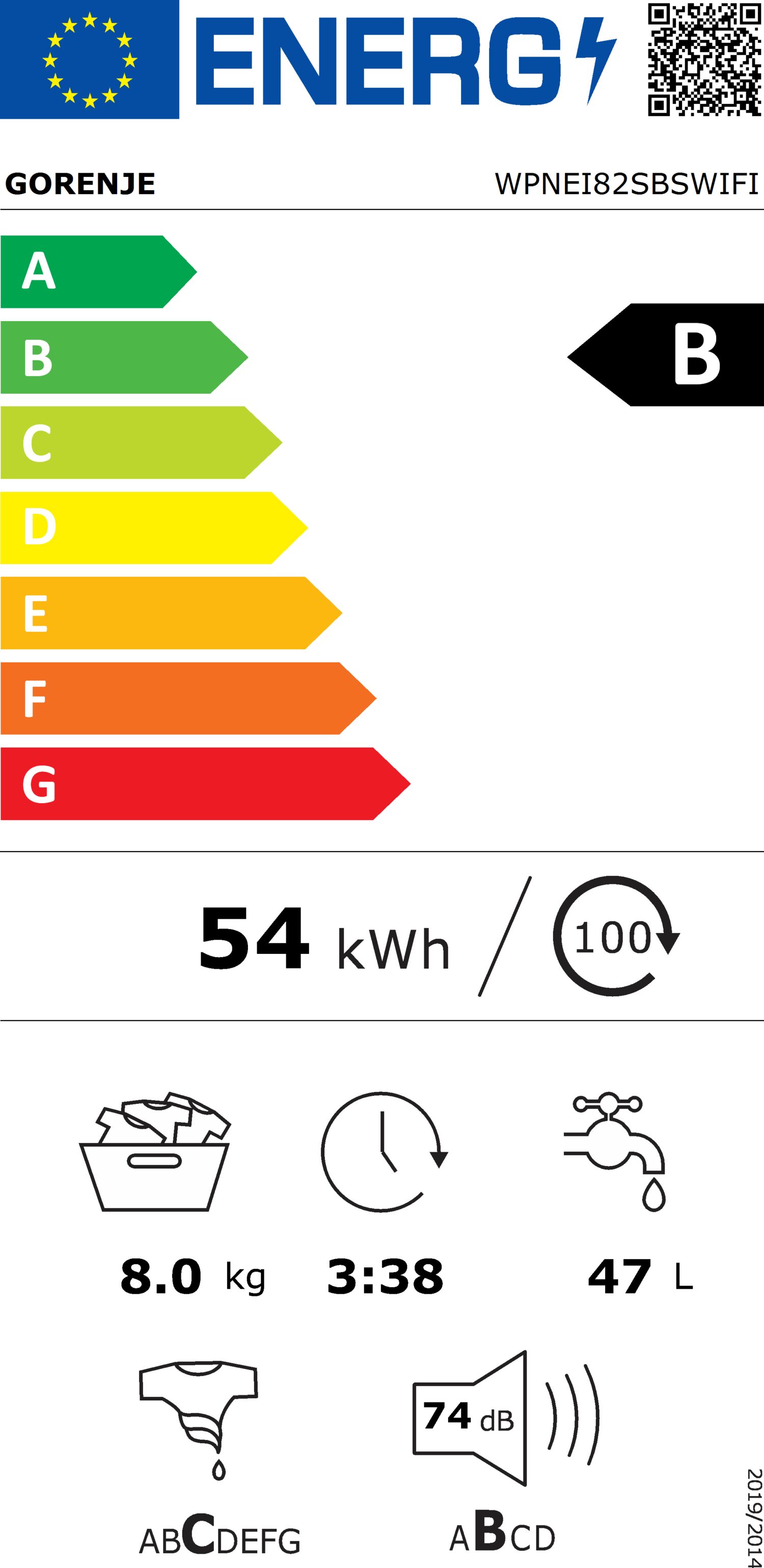 Gorenje Washing Machine | WPNEI82SBSWIFI | Energy efficiency class B | Front loading | Washing capacity 8 kg | 1200 RPM | Depth 47 cm | Width 60 cm | LED | Steam function | Wi-Fi