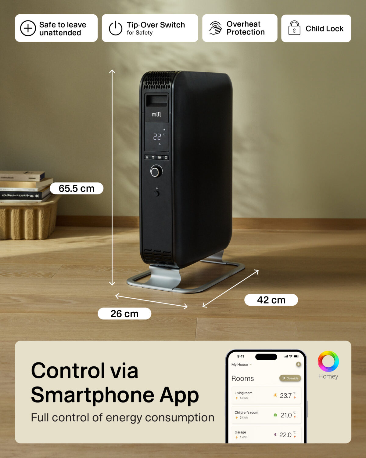 Mill | WiFI GEN3 Oil Filled Radiator | OIL2000WIFI3 | Oil Filled Radiator | 2000 W | Number of power levels 3 | Black - Image 9