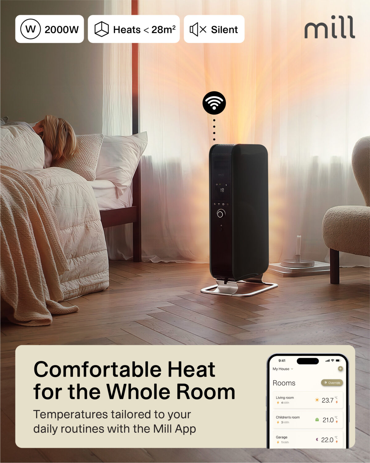 Mill | WiFI GEN3 Oil Filled Radiator | OIL2000WIFI3 | Oil Filled Radiator | 2000 W | Number of power levels 3 | Black - Image 7