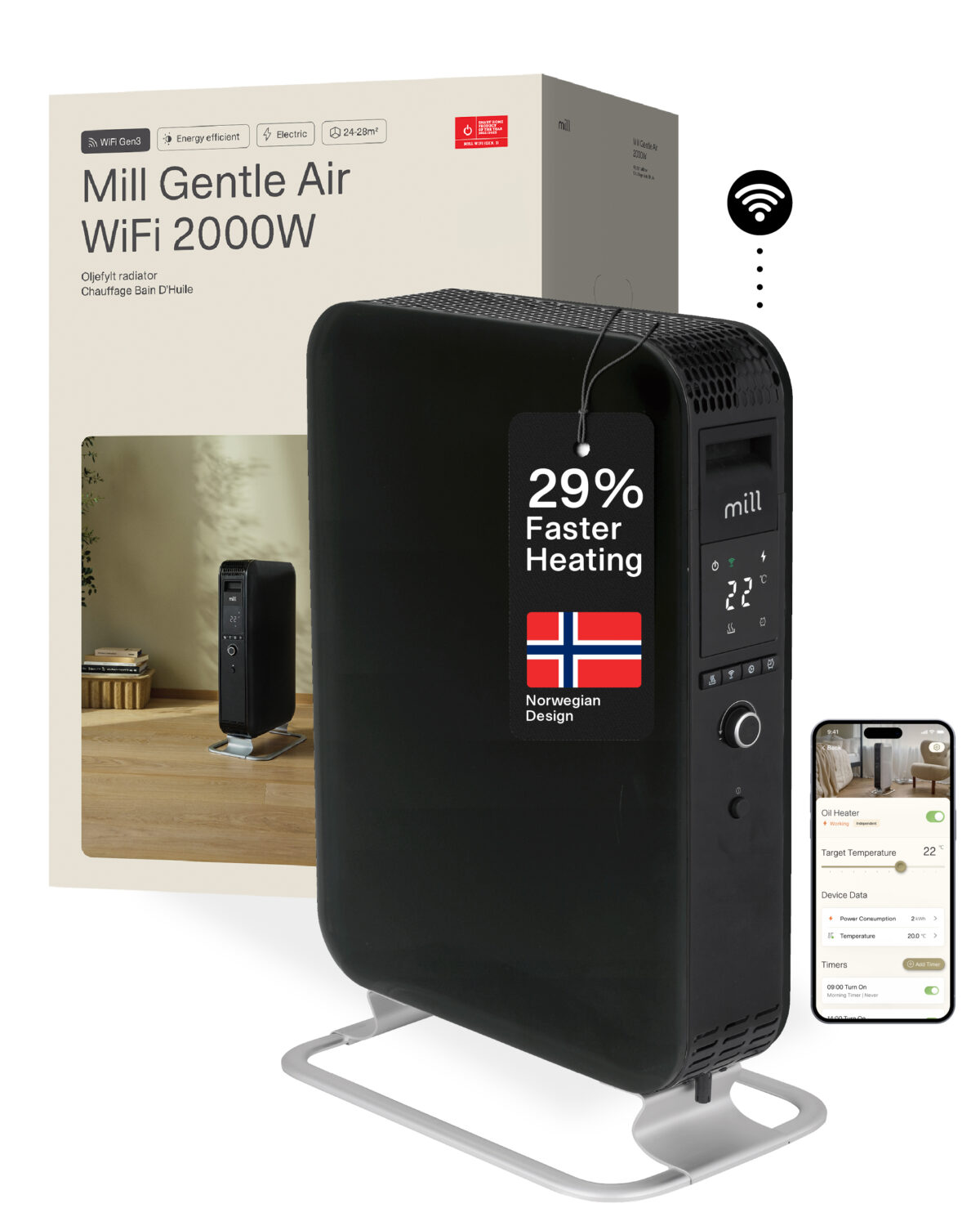Mill | WiFI GEN3 Oil Filled Radiator | OIL2000WIFI3 | Oil Filled Radiator | 2000 W | Number of power levels 3 | Black - Image 6