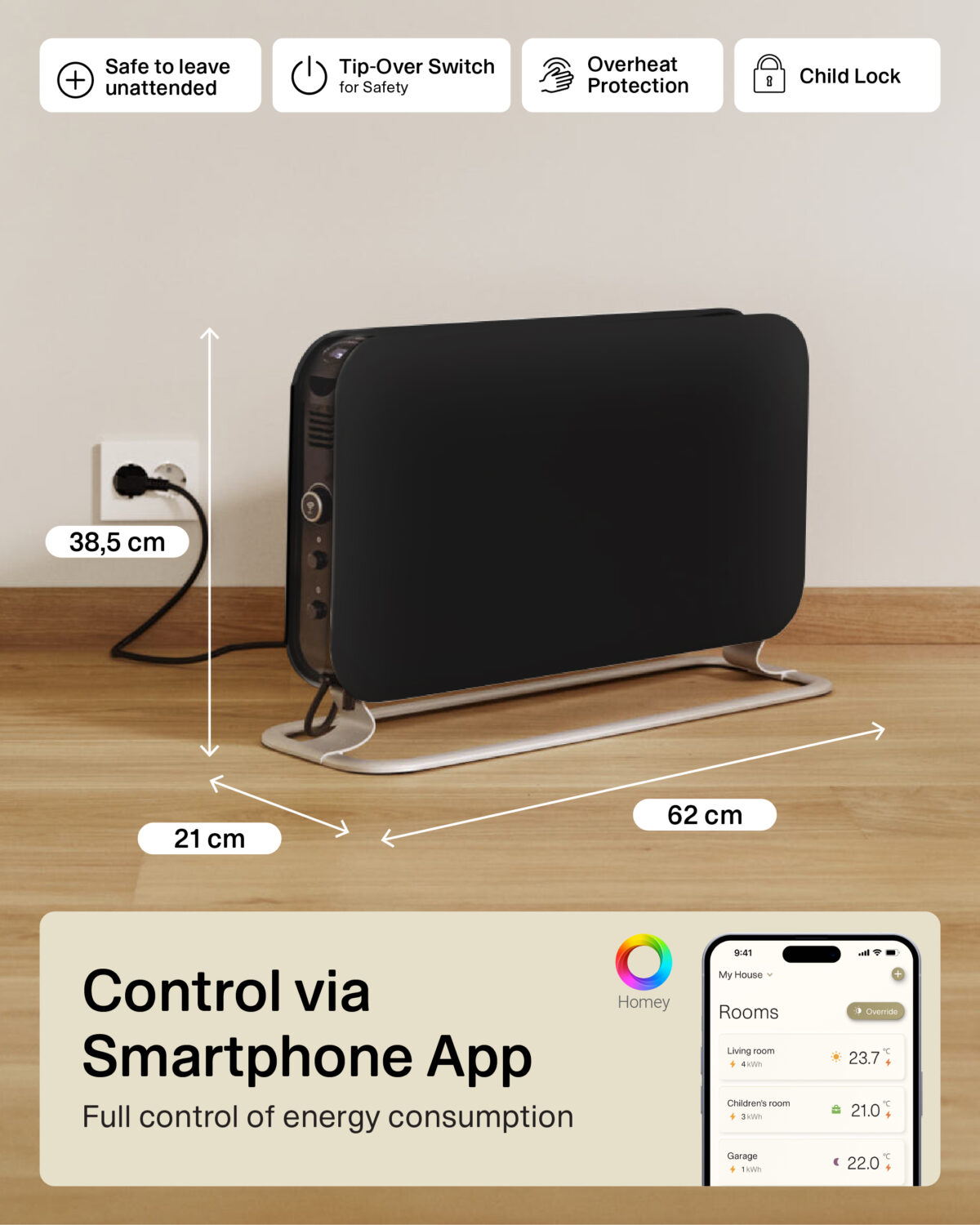 Mill CO1200WIFI3BLACK GEN3 Convection Heater, 1200W, Steel fronts, LED display, Black | Mill | Heater | CO1200WIFI3BLACK GEN3 | Convection Heater | 1200 W | Black - Image 4