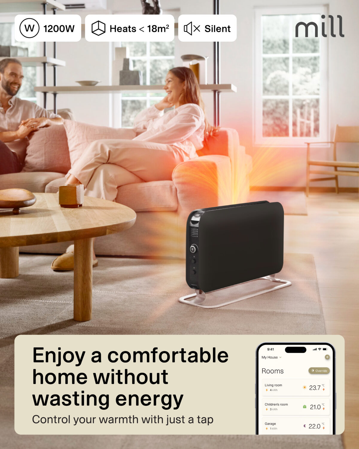 Mill CO1200WIFI3BLACK GEN3 Convection Heater, 1200W, Steel fronts, LED display, Black | Mill | Heater | CO1200WIFI3BLACK GEN3 | Convection Heater | 1200 W | Black - Image 2