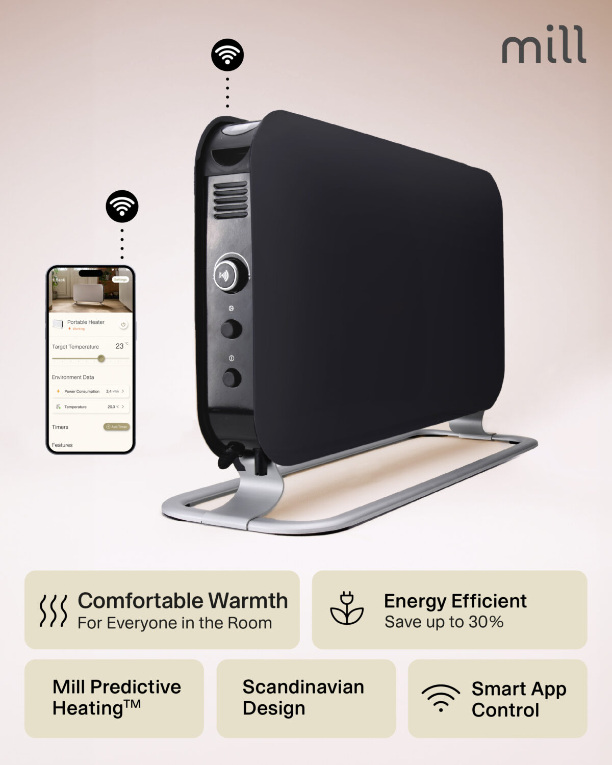 Mill CO1200WIFI3BLACK GEN3 Convection Heater, 1200W, Steel fronts, LED display, Black | Mill | Heater | CO1200WIFI3BLACK GEN3 | Convection Heater | 1200 W | Black - Image 3