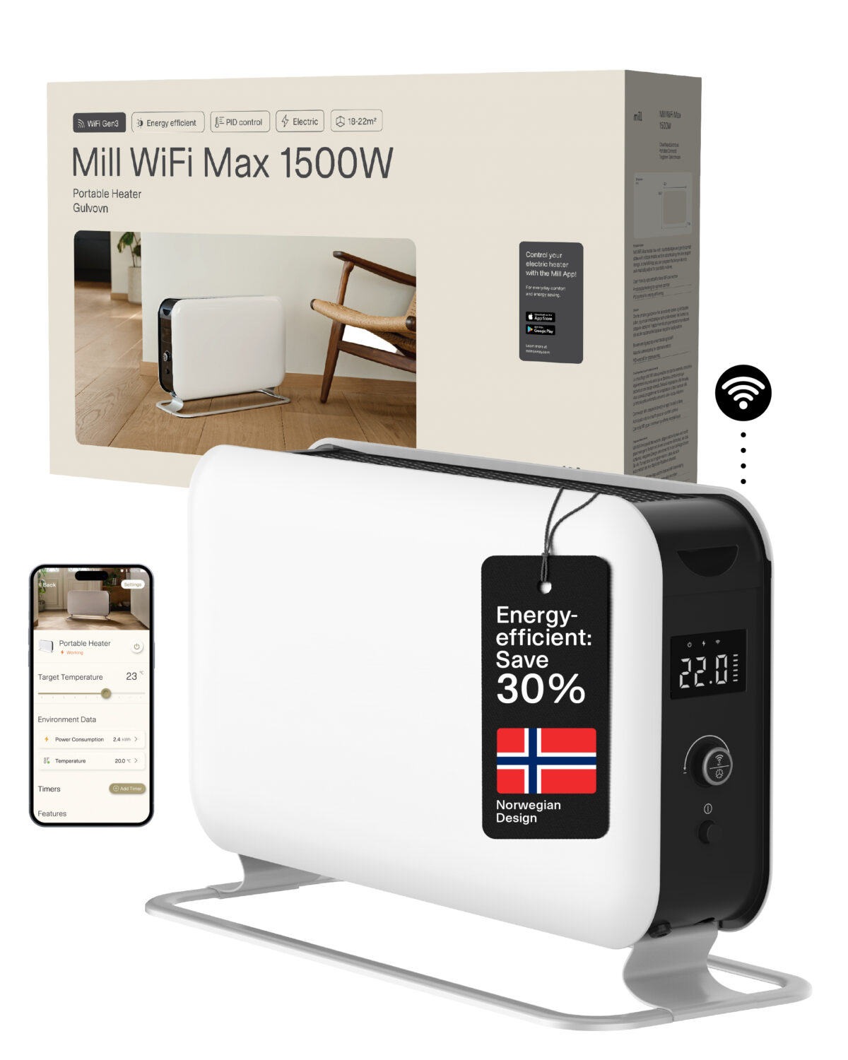 Mill | Portable Heater | CO1500MAXWIFI3 | Convection Heater | 1500 W | Suitable for rooms up to 14-18 m² | White | IPX4 - Image 5