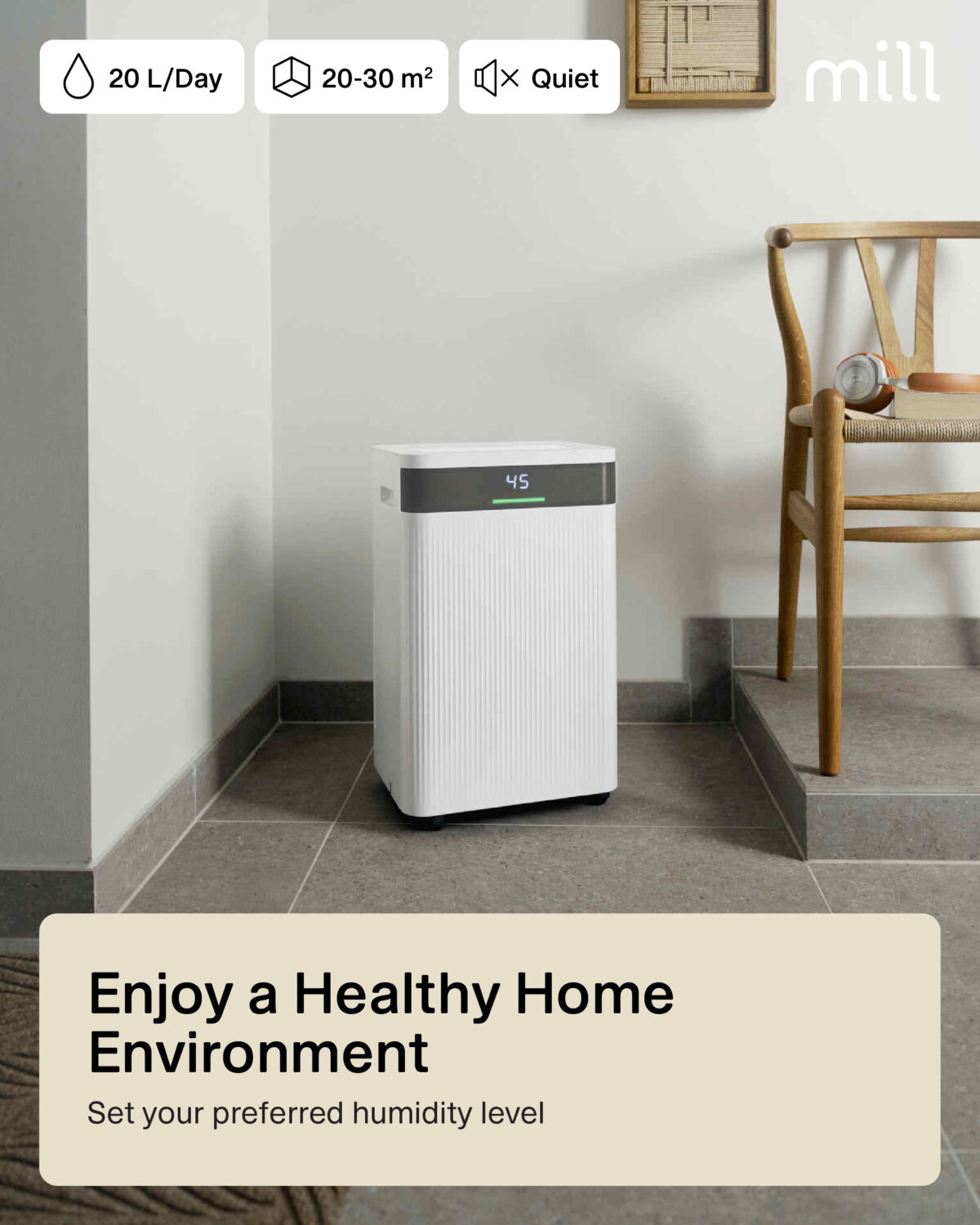 Mill Dehumidifier | MDH20 | Suitable for rooms up to 20-30 m² | Water tank capacity 4 L | White - Image 4