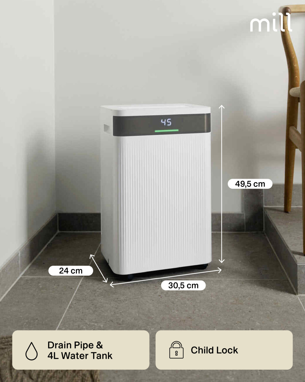 Mill Dehumidifier | MDH20 | Suitable for rooms up to 20-30 m² | Water tank capacity 4 L | White - Image 6