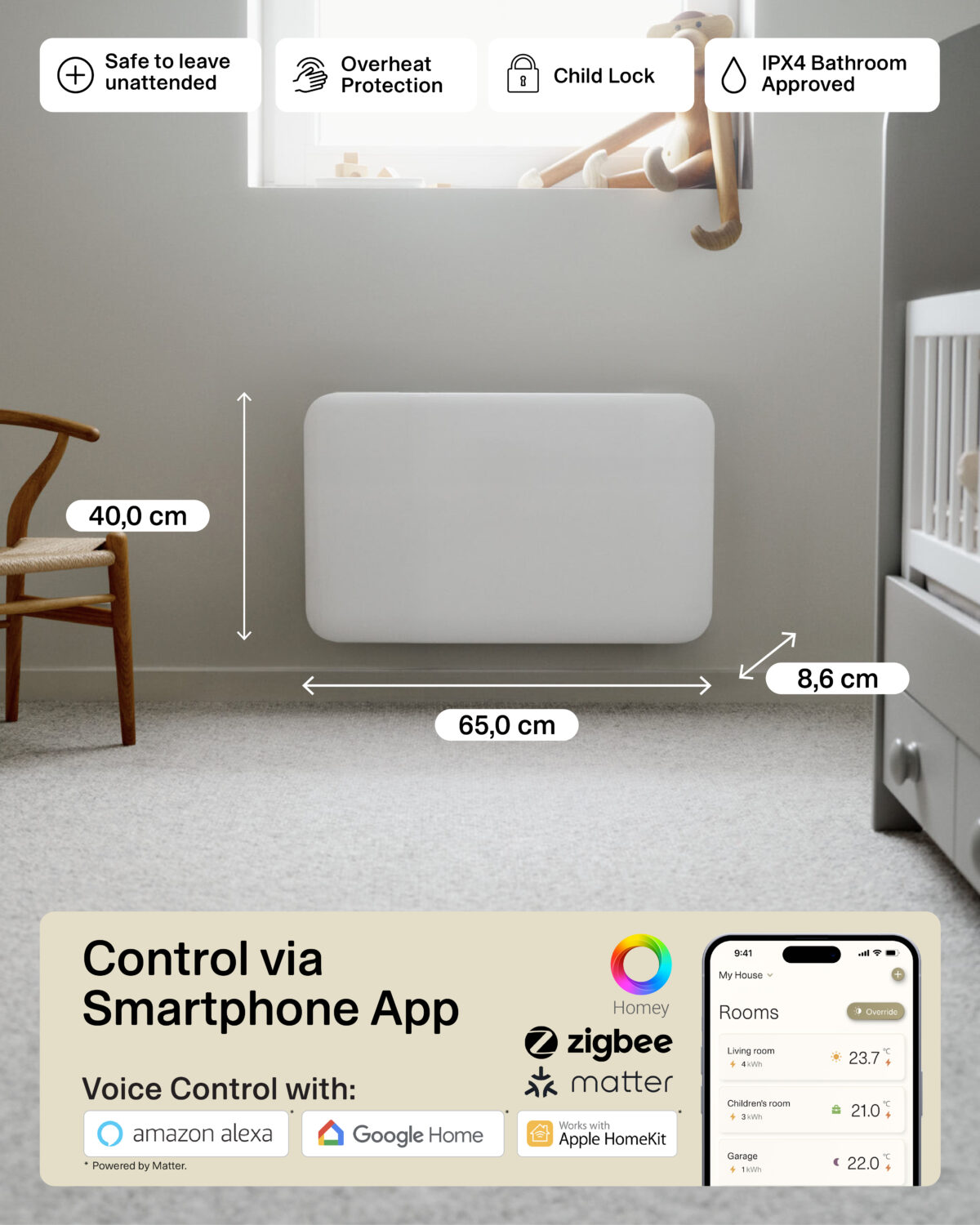 Mill Invisible Smart WiFi Heater | PA700WIFI4 | Panel Heater | 700 W | Suitable for rooms up to 9-12 m² | White | IPX4 - Image 7