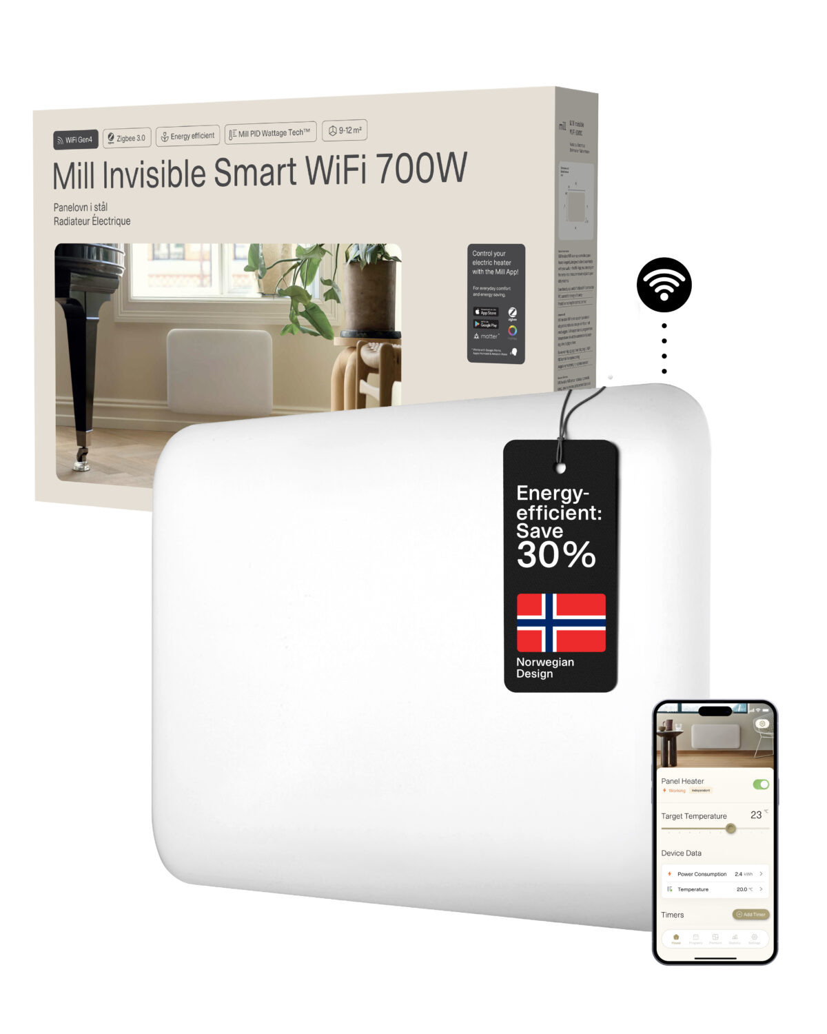 Mill Invisible Smart WiFi Heater | PA700WIFI4 | Panel Heater | 700 W | Suitable for rooms up to 9-12 m² | White | IPX4 - Image 4