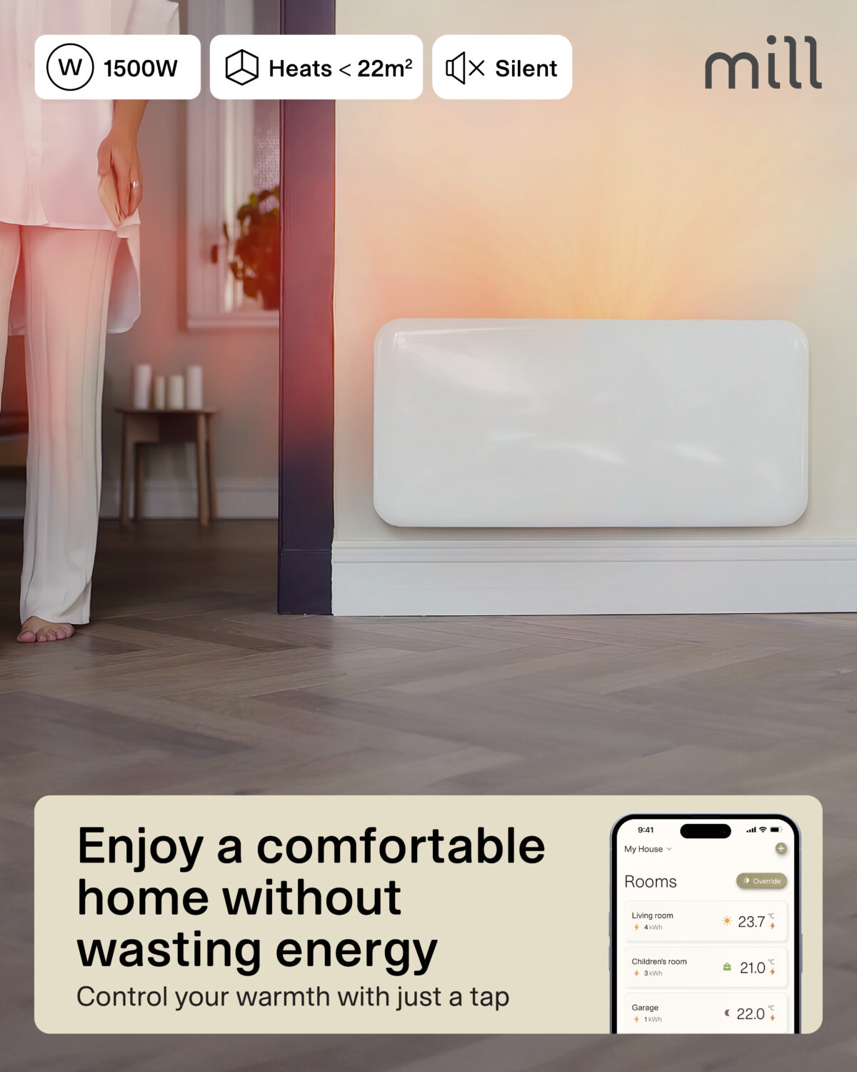 Mill WiFi Panel Heater | PA1500WIFI4A | Panel Heater | 1500 W | Suitable for rooms up to 22 m² | White | IPX4 - Image 3