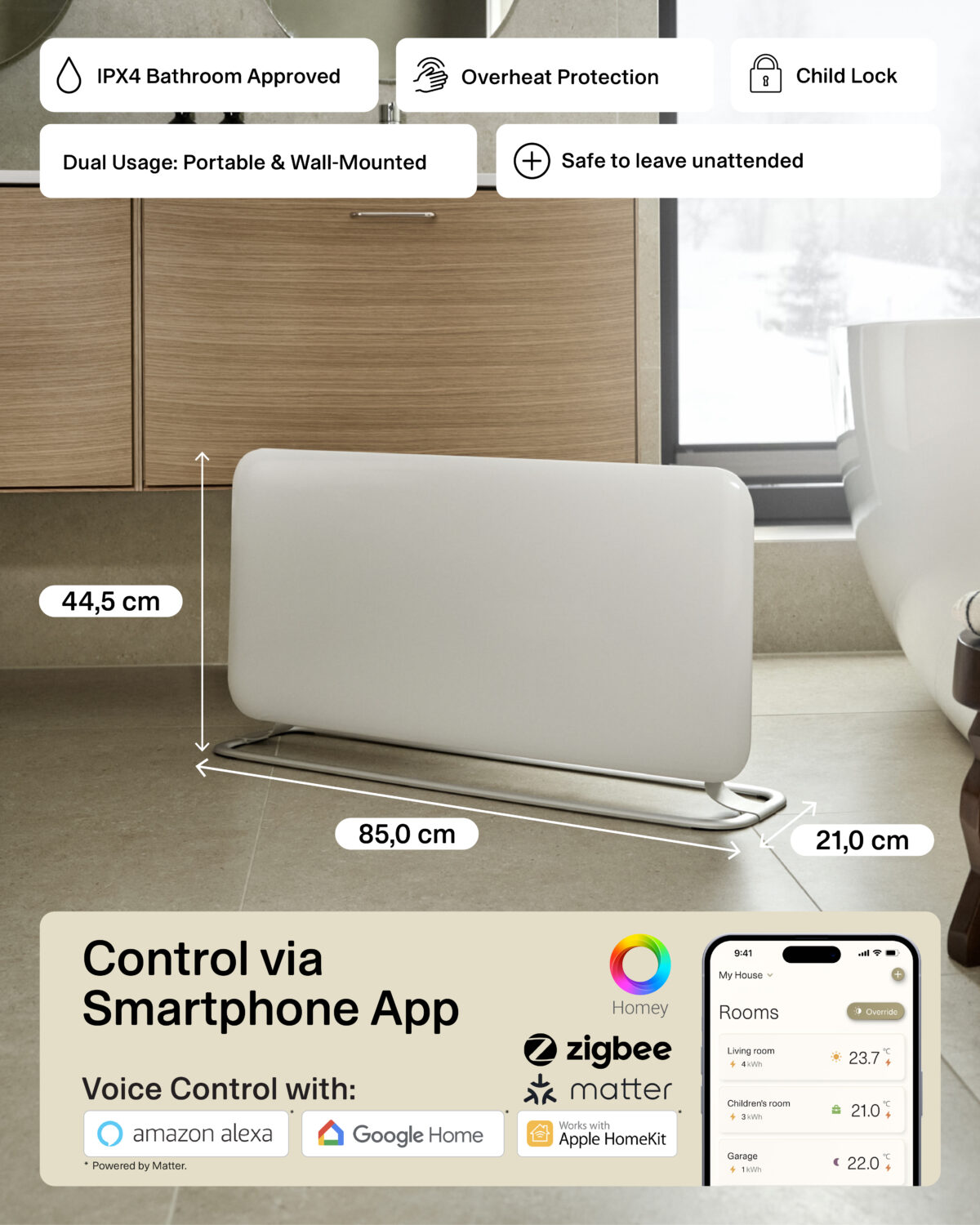 Mill WiFi Panel Heater | PA1500WIFI4A | Panel Heater | 1500 W | Suitable for rooms up to 22 m² | White | IPX4 - Image 5