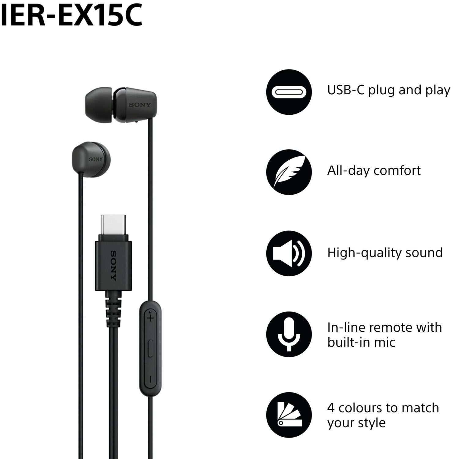 Sony Earbuds | IER‑EX15C | Wired | In-ear | Microphone | Black - Image 2