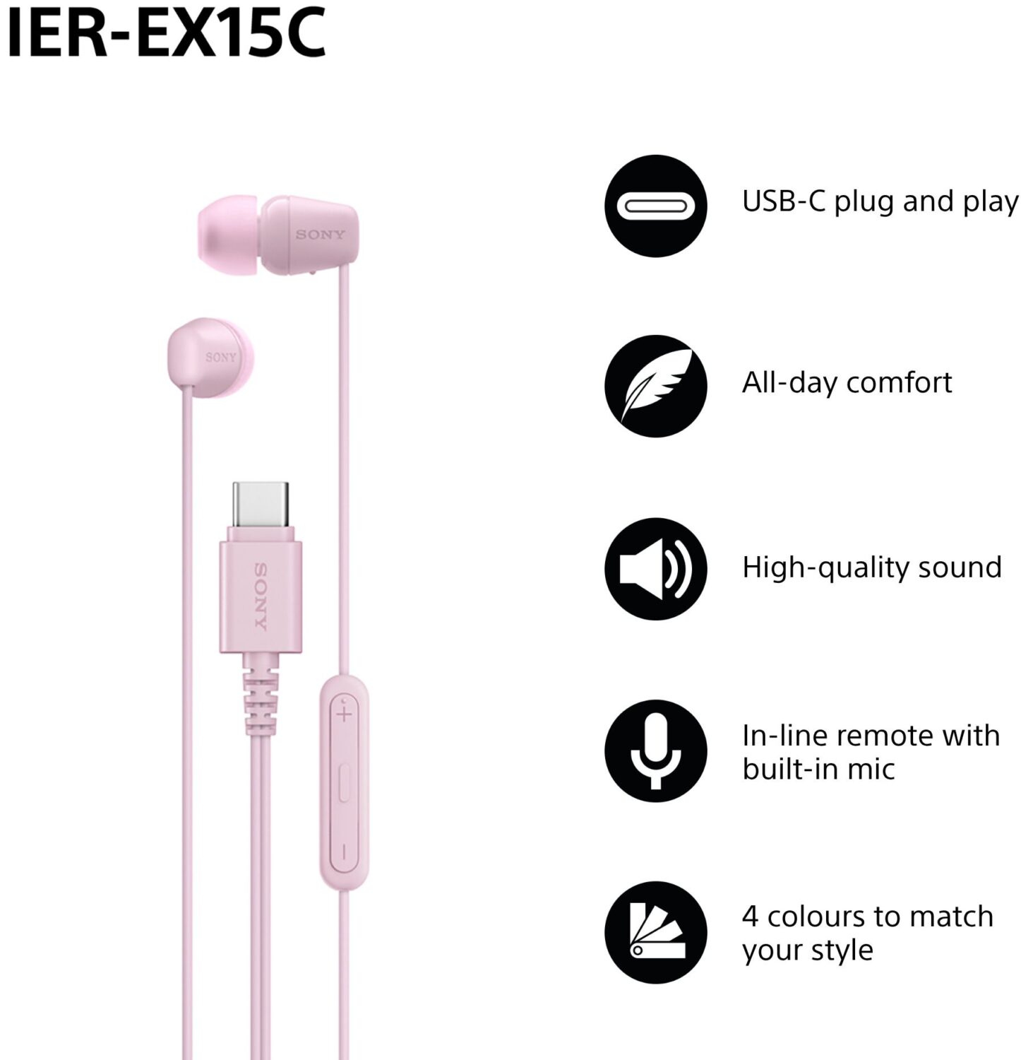Sony Earbuds | IER‑EX15C | Wired | In-ear | Microphone | Pink - Image 2