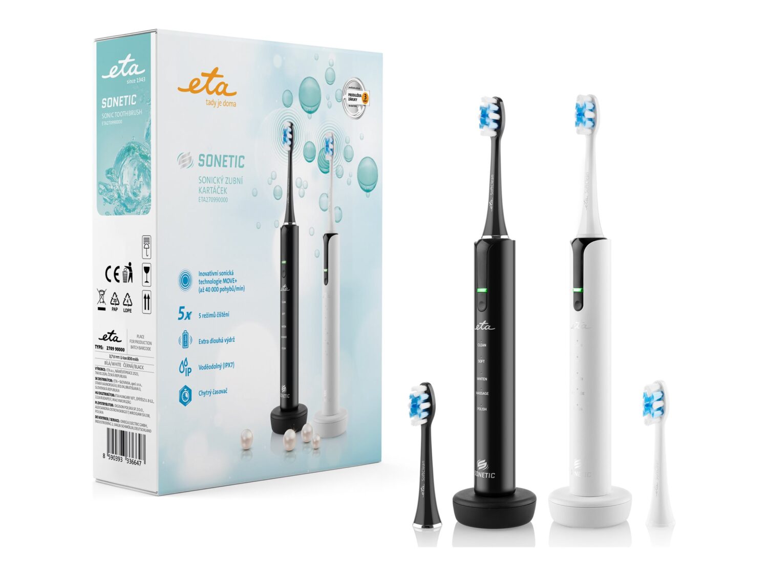 ETA Set of Electric Toothbrushes | ETA270990000 Sonetic | Rechargeable | For adults | Number of brush heads included 4 | Number of teeth brushing modes 5 | Black/White - Image 7