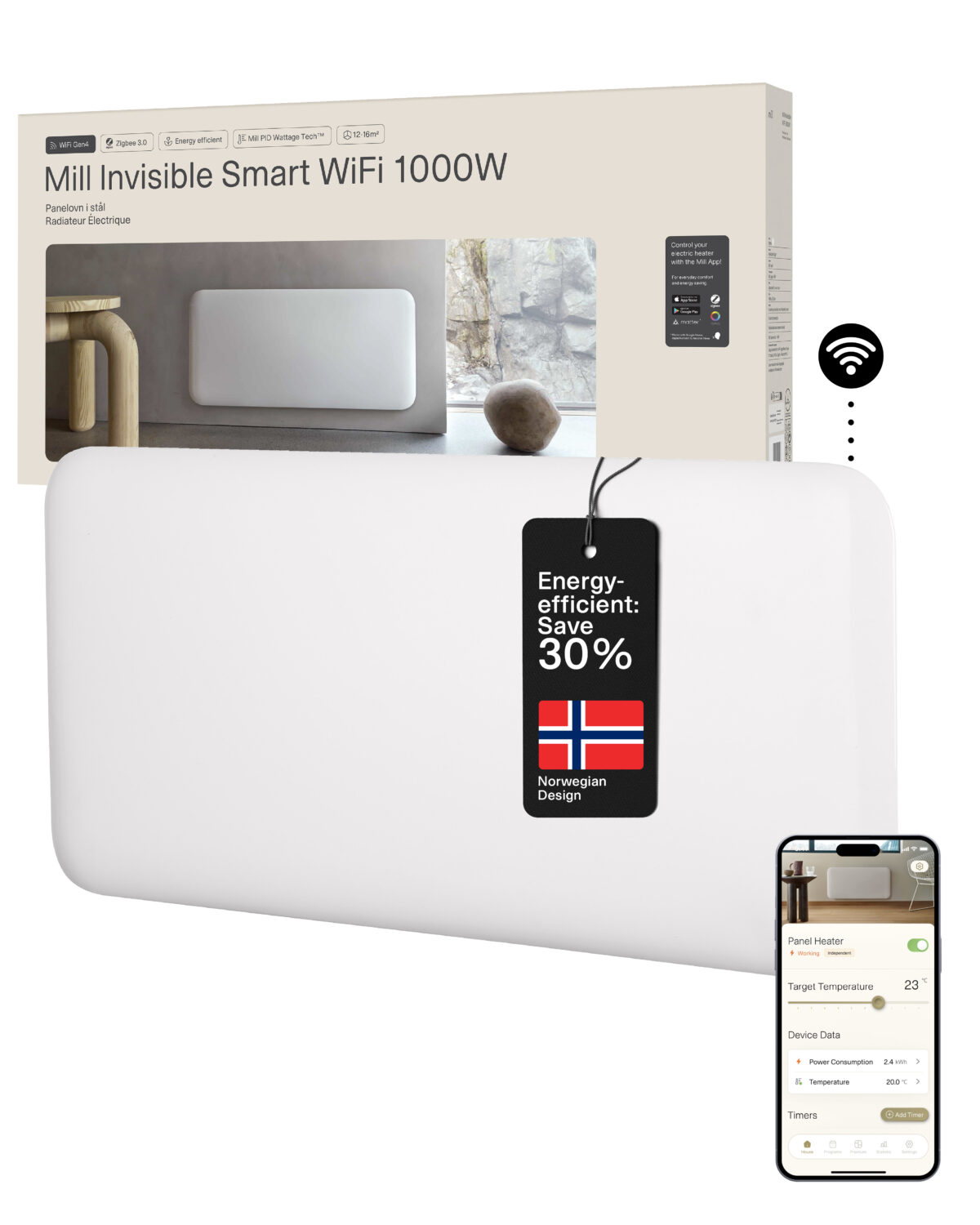 Mill Invisible Smart WiFi Heater | PA1000WIFI4 | Panel Heater | 1000 W | Suitable for rooms up to 12-16 m² | White | IPX4 - Image 5