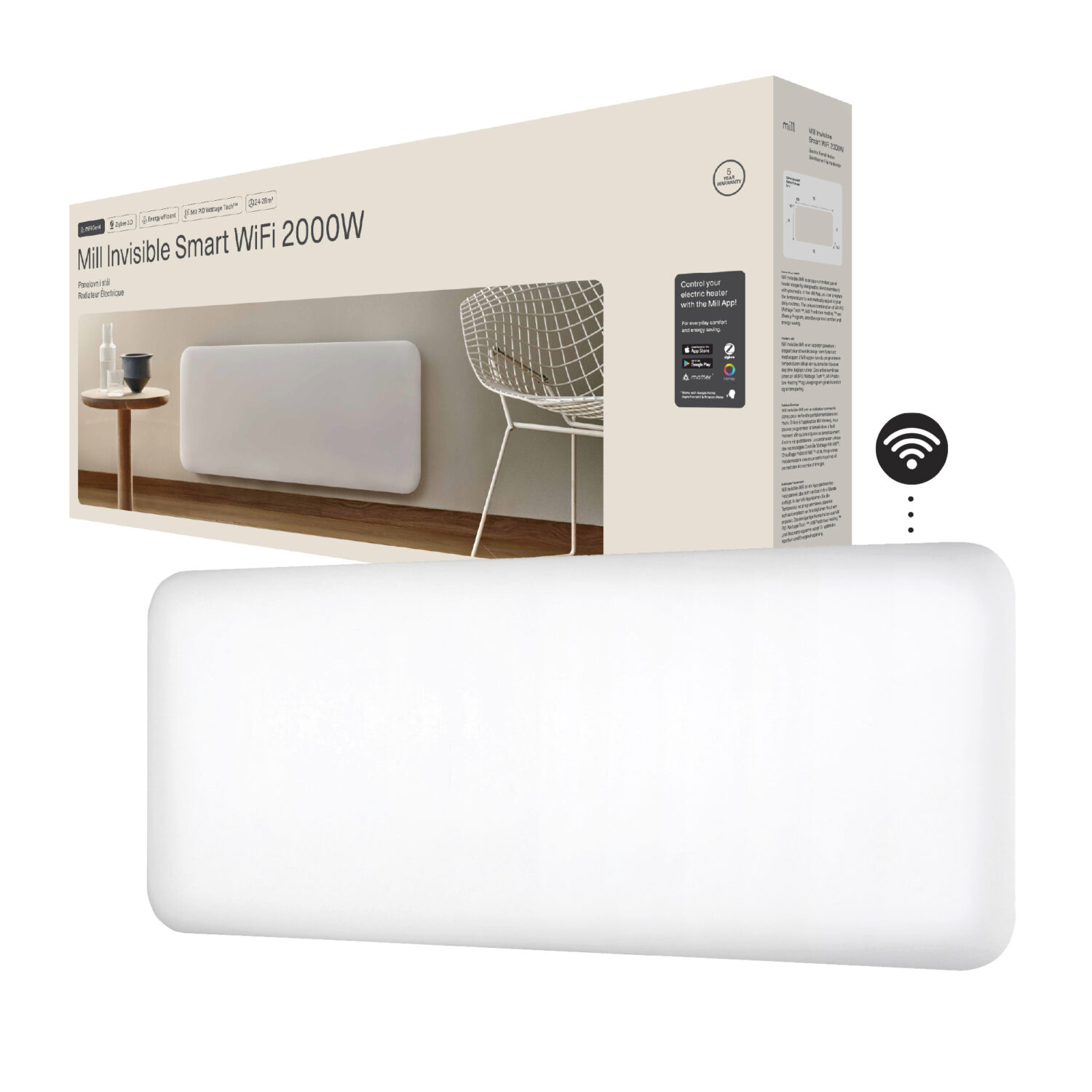 Mill Invisible Smart WiFi Heater | PA2000WIFI4 | Panel Heater | 2000 W | Suitable for rooms up to 24-28 m² | White | IPX4