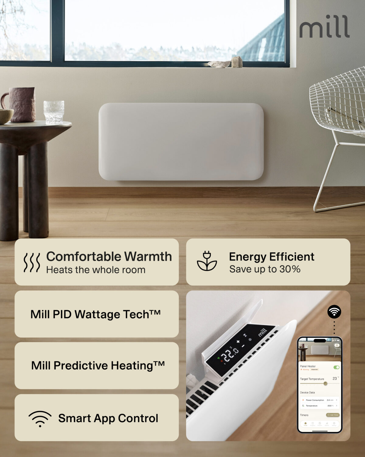 Mill Invisible Smart WiFi Heater | PA2000WIFI4 | Panel Heater | 2000 W | Suitable for rooms up to 24-28 m² | White | IPX4 - Image 8