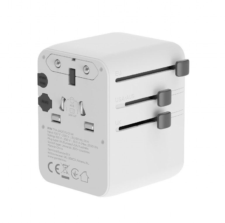 Gembird Universal travel power adapter, 70 W | TPA-2A3C70-01-W - Image 2
